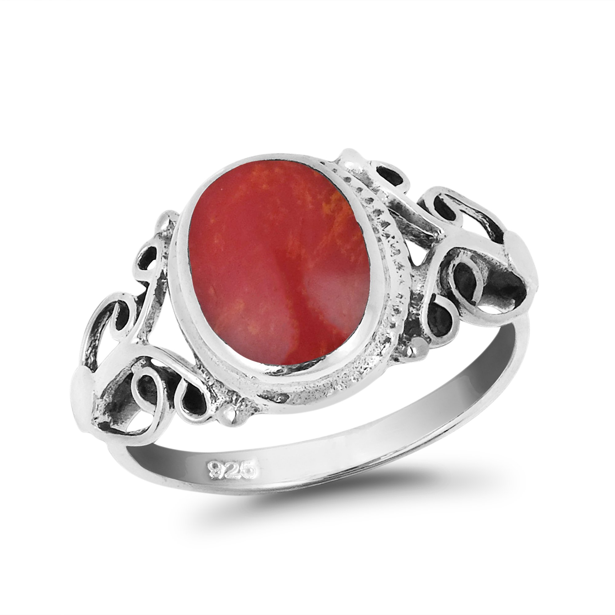 Elegant Vintage Oval Red Coral .925 Sterling Silver Ring for Women | Classic Wedding & Casual Comfort Fit Ring | Gift for Daughter | Size 6-9 | Perfect for Bridal Jewelry, Anniversary Gifts & Everyday Wear