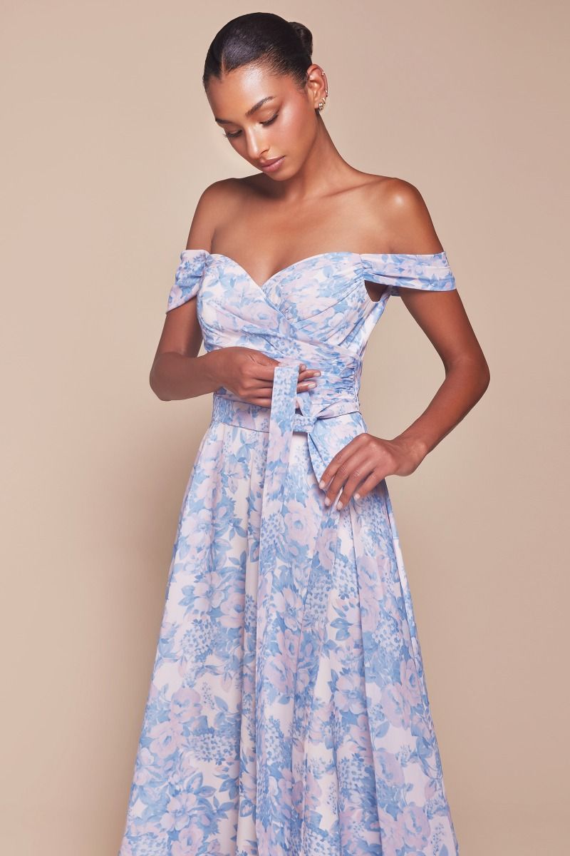 Ladivine 7441 Off Shoulder Satin Floral Printed A Line Dress for Women - Elegant Summer Party Cocktail Dress for Wedding Guest, Date Night & Special Occasions