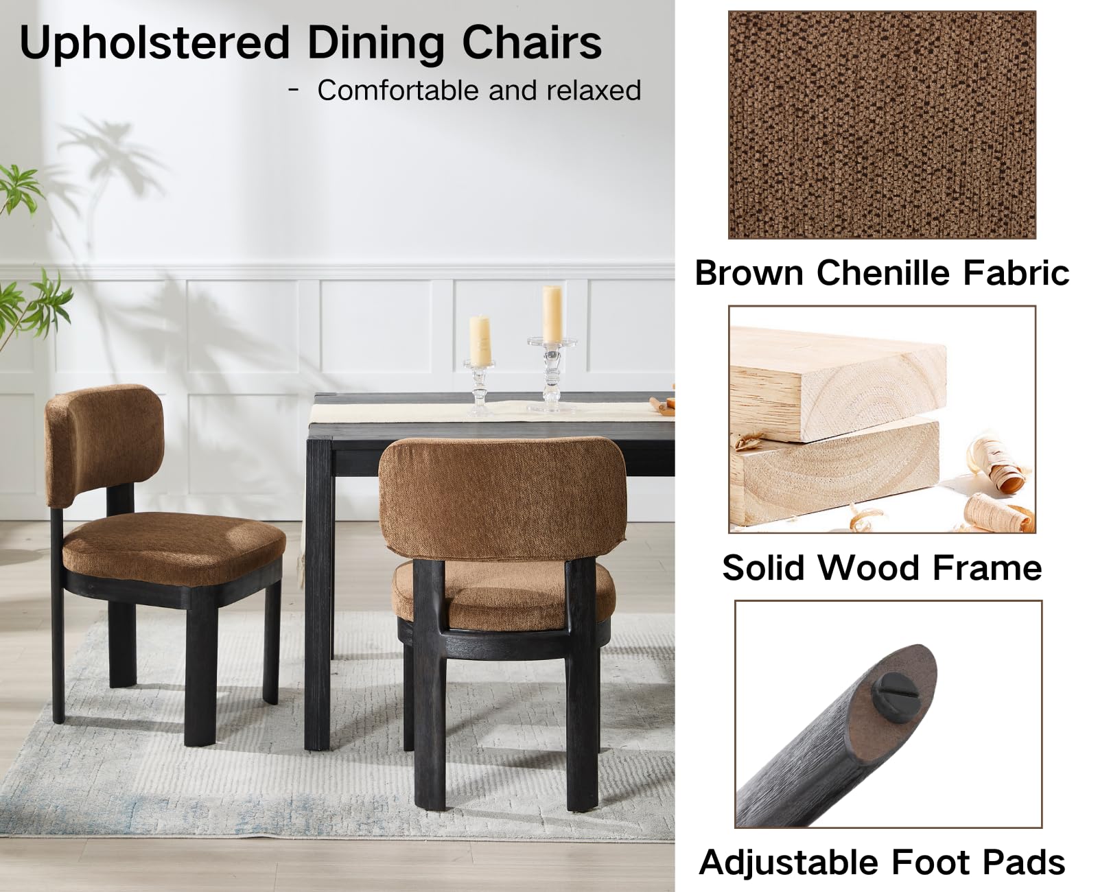 Mid Century Modern Dining Chairs Set of 2 - Brown Upholstered Wooden Farmhouse Kitchen Chairs, Armless Accent Side Chairs with Chenille Fabric for Dining Room & Living Room - Perfect for Home Decor, Kitchen Breakfast Nook, and Small Space Dining