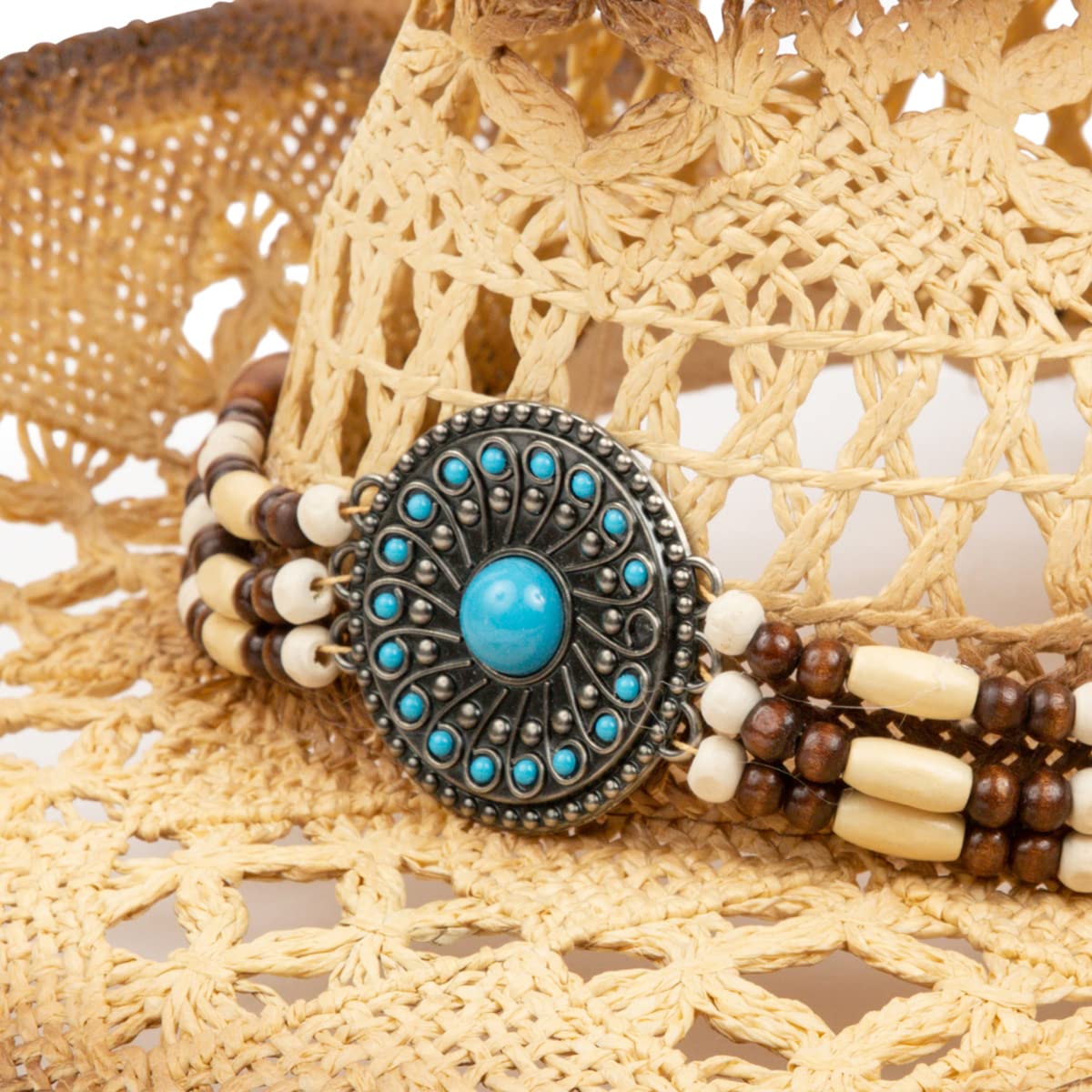 TOVOSO Adjustable Straw Cowboy Hat for Women & Men - Western Style Sun Hat with Shape-It Brim - Orange Beaded Design & Tea Stain Finish - Perfect for Rodeo, Music Festivals & Summer Outdoor Activities