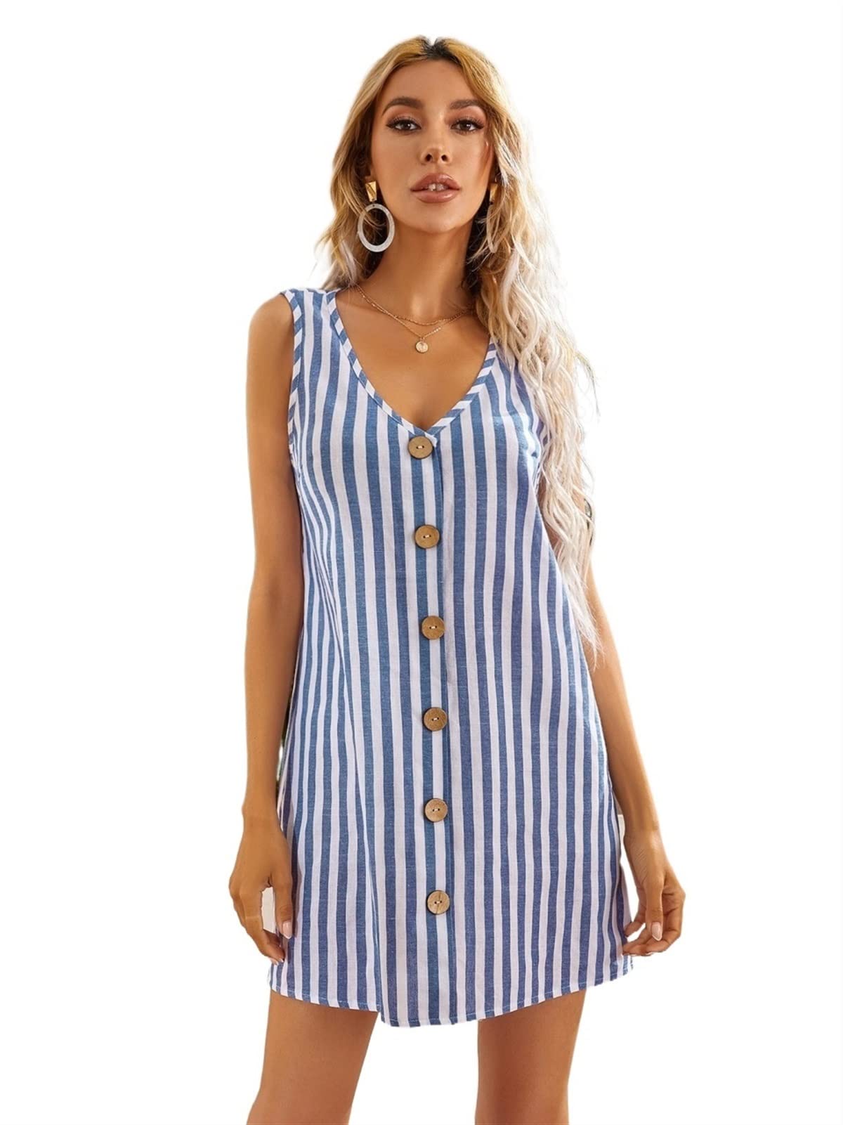 VIYAN Women's Summer Short Sleeveless Striped Dress with Button Front - Casual Beach Dress for Vacation, Party & Everyday Wear