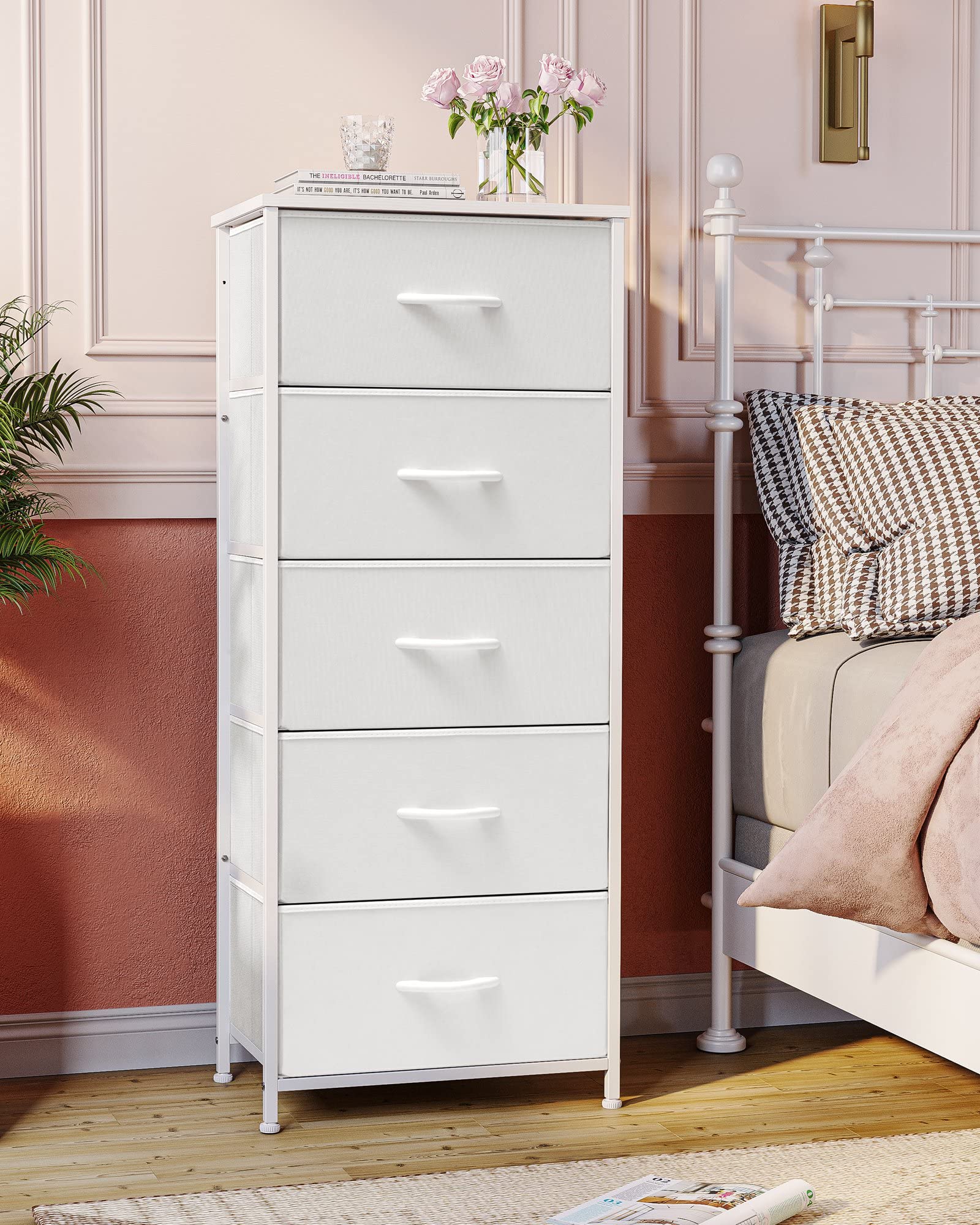 Crestlive 5-Drawer Dresser Organizer - Steel Frame & Wood Top for Bedroom & Closet Storage (White)