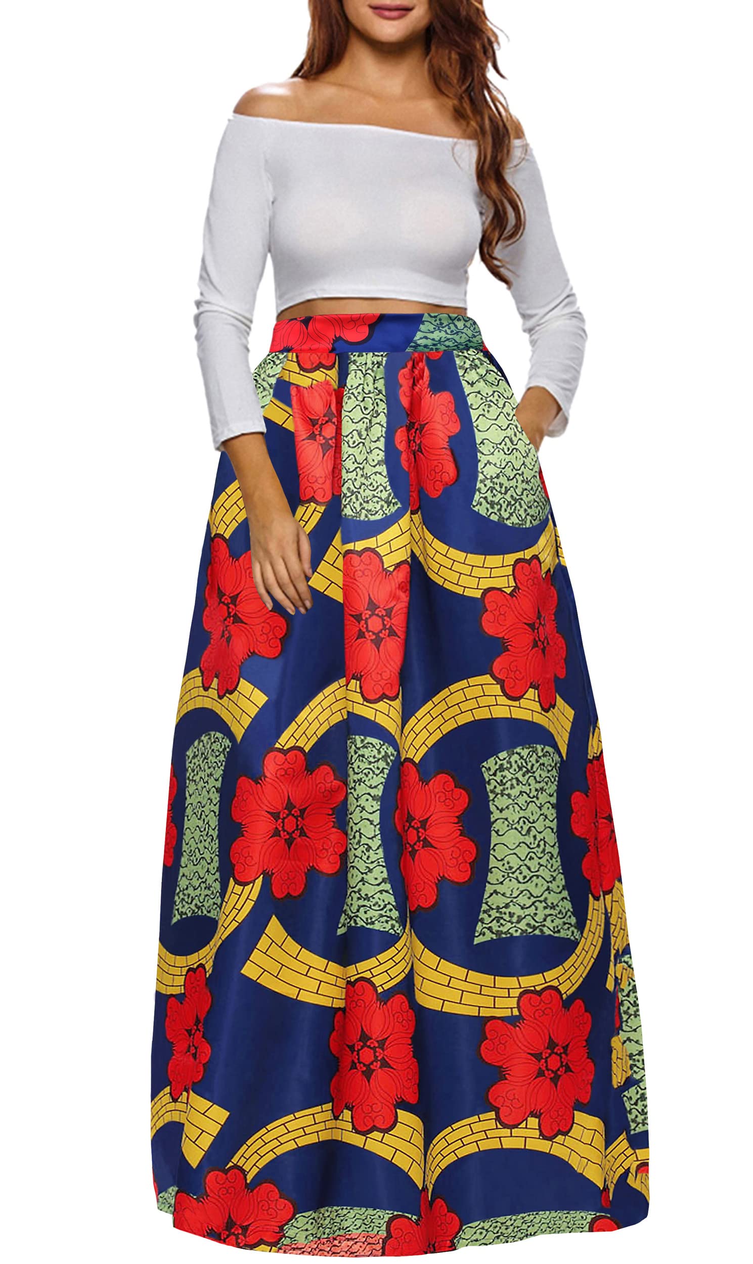 Afibi Women's African Print Maxi Skirt - Flared A-Line Long Skirt with Pockets (Sizes S-5XL) | Boho Chic Summer Dress for Beach, Vacation & Casual Wear