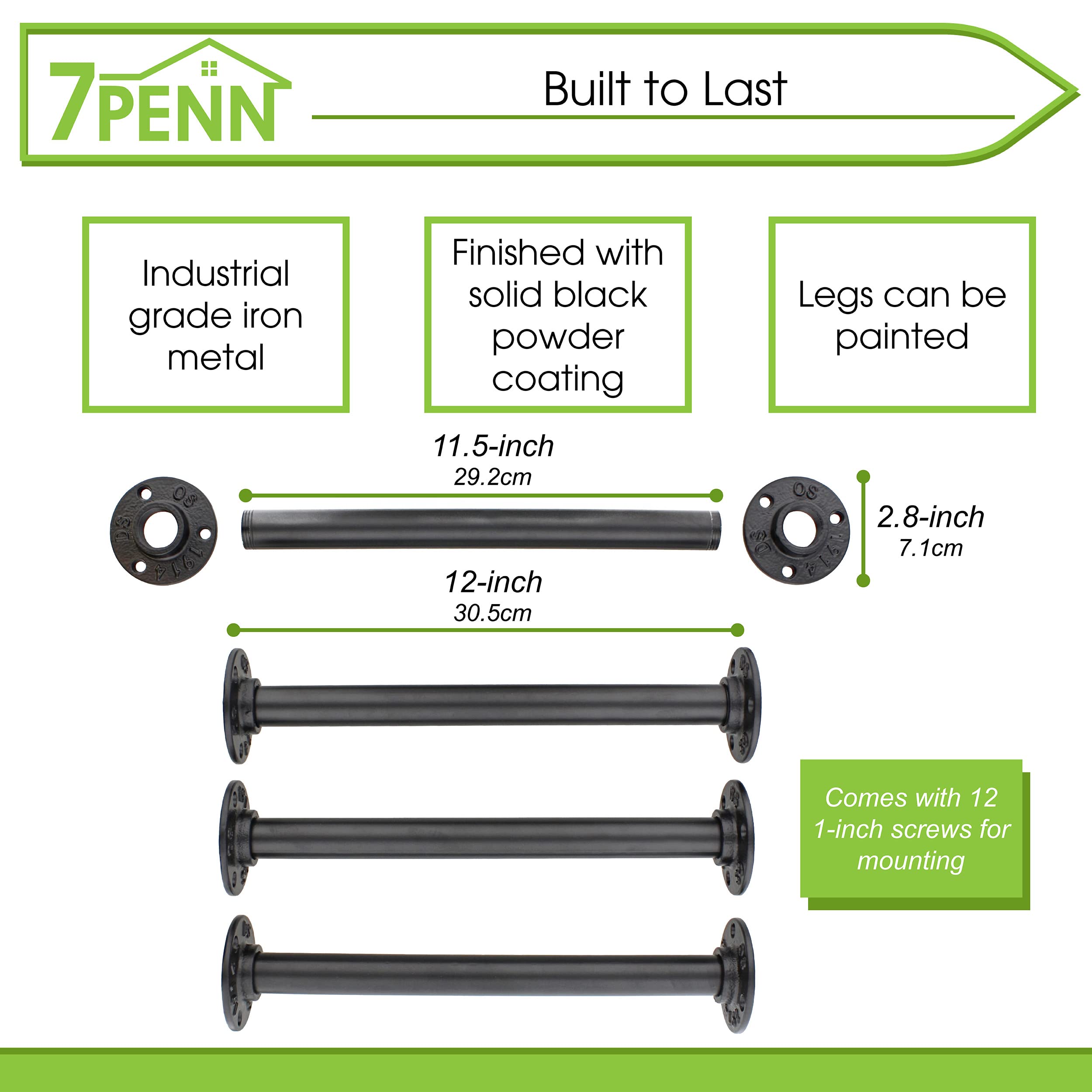 7Penn 12in Black Metal Table Legs - Vintage Industrial Pipe Legs for Coffee Tables & Benches
