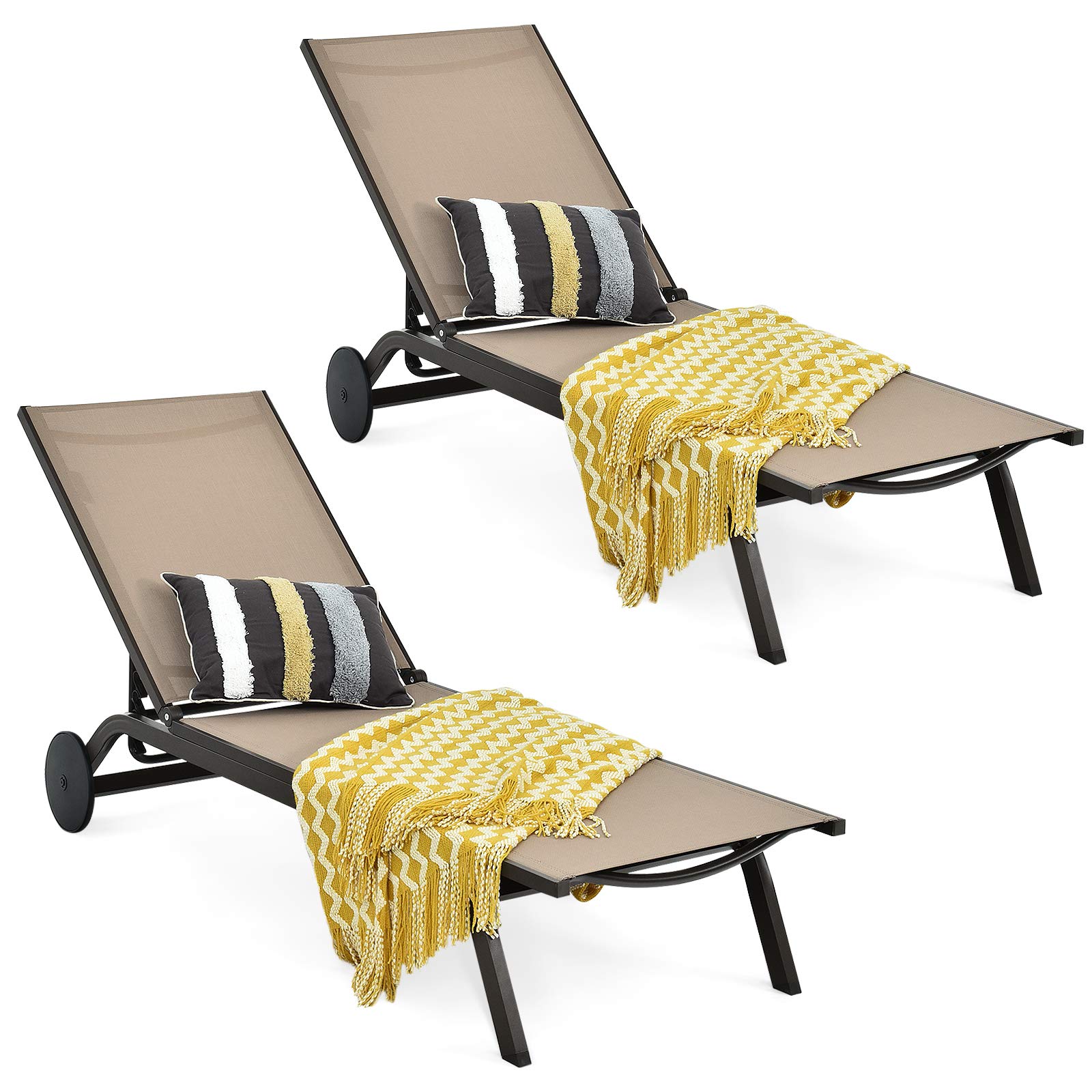 Giantex Adjustable Patio Chaise Lounge Chair with 6-Position Recliner & Wheels - Outdoor Aluminum Sunbathing Chair for Poolside, Beach, Garden & Backyard Relaxation (2-Pack, Brown)