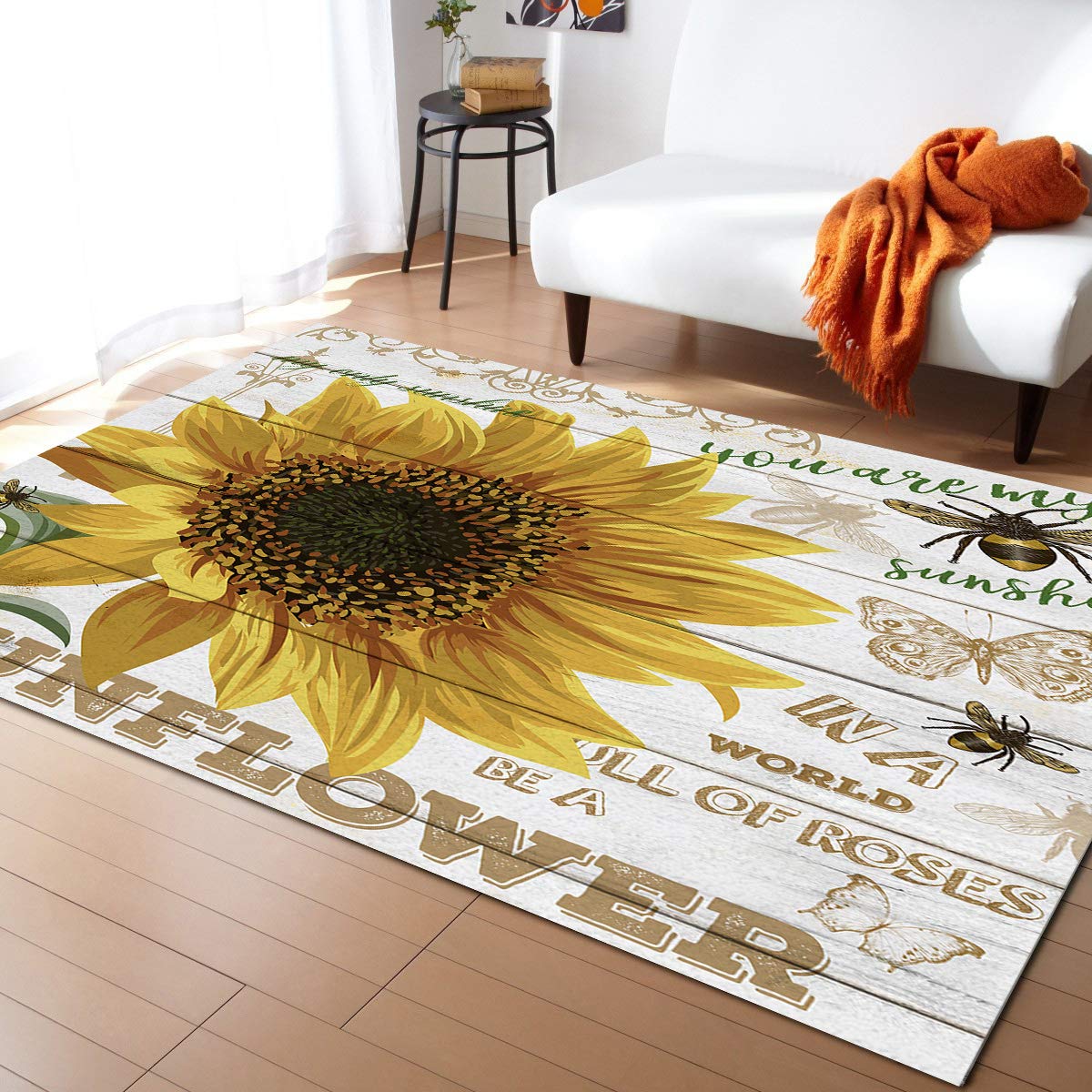 Pinkinco Sunflower and Bee Farmhouse Area Rug - Non-Slip Rectangle Floor Carpet for Bedroom, Living Room, Kids Play Area | Soft Door Mat & Runner Rug with Wooden Board Design