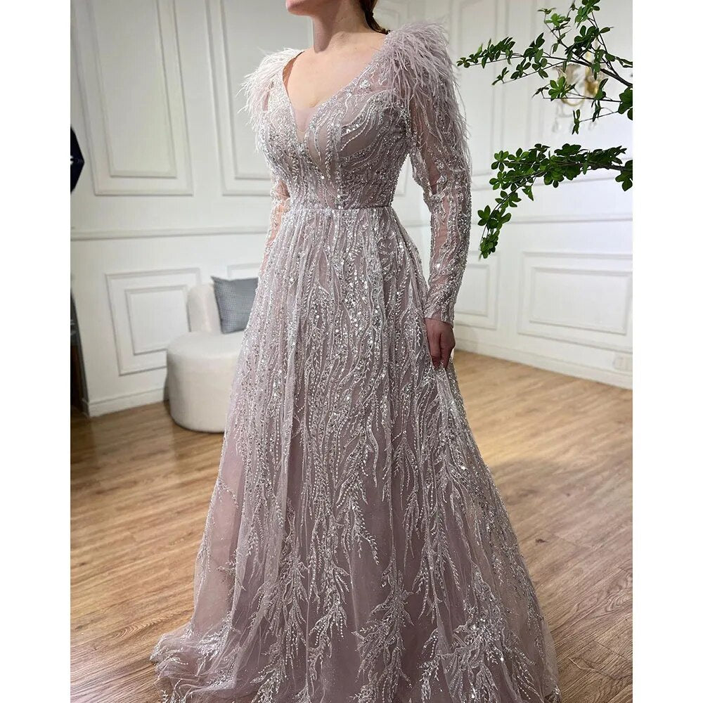 Serene Hill Muslim Beige A-Line Beaded Feathers Luxury Dubai Long Evening Dress Gown 2025 for Women - Elegant Wedding Party & Special Occasion Wear