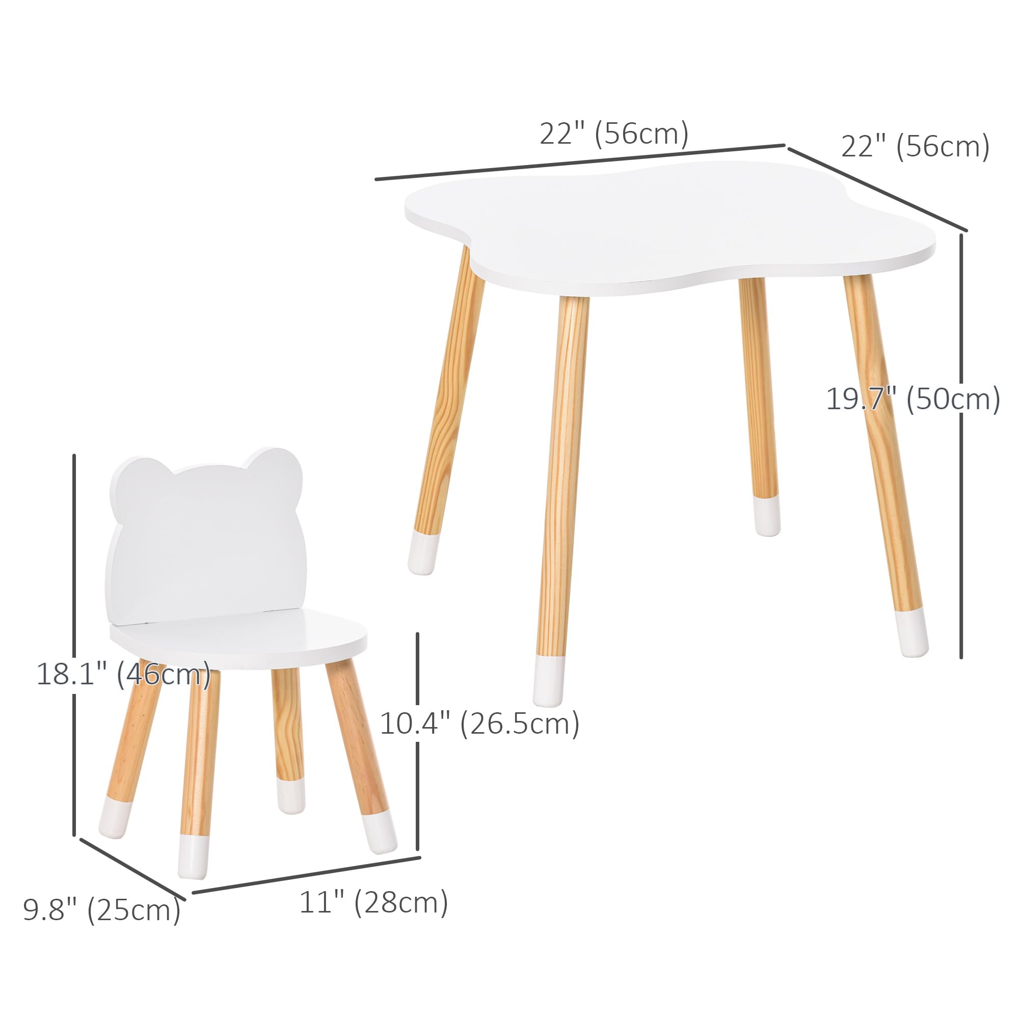 Qaba Kids Wooden Table and 2 Chairs Set - 3-Piece Children's Dining Table with Cute Bear Design & Rounded Corners for Toddlers Ages 1-4 - Perfect for Reading, Drawing, Playing & Learning Activities in Nursery, Playroom or Bedroom