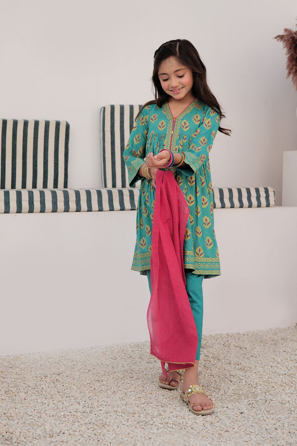 Premium Cotton Dobby Dye Over Gold Print Turquoise Stitched Suit for Women | Elegant Senorita Outfit | Perfect for Parties, Weddings & Special Occasions
