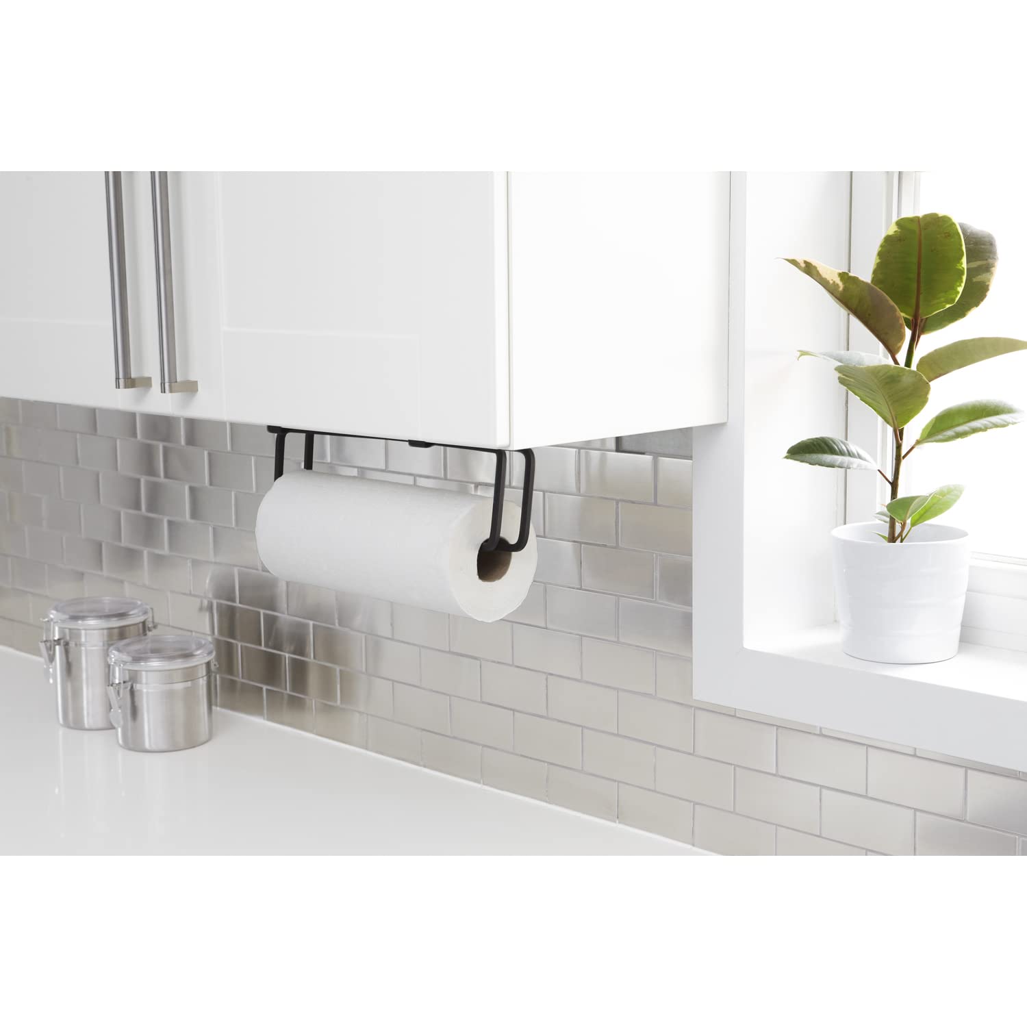 Umbra Squire Cabinet Paper Towel Holder - Black Roll Dispenser for Kitchen & Bathroom with 3 Mounting Options | Space-Saving Under Cabinet Design for Easy Access to Paper Towels | Perfect for Small Spaces, RVs & Apartments