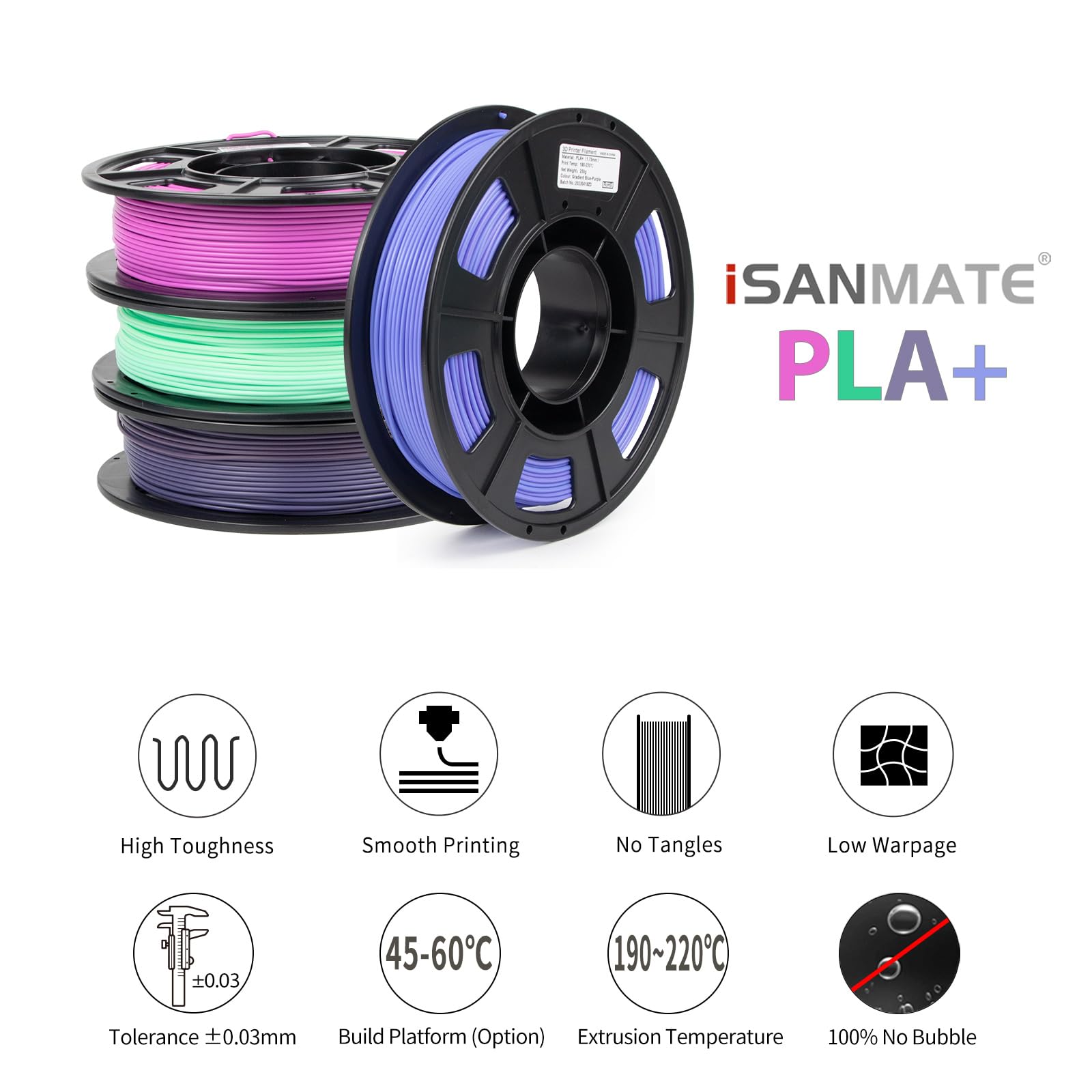 iSANMATE PLA+ 3D Printer Filament 1.75mm - 4 Pack Gradient Multicolor Rainbow Filament Bundle for Smooth 3D Printing | Perfect for Cosplay, DIY Models & Creative Projects