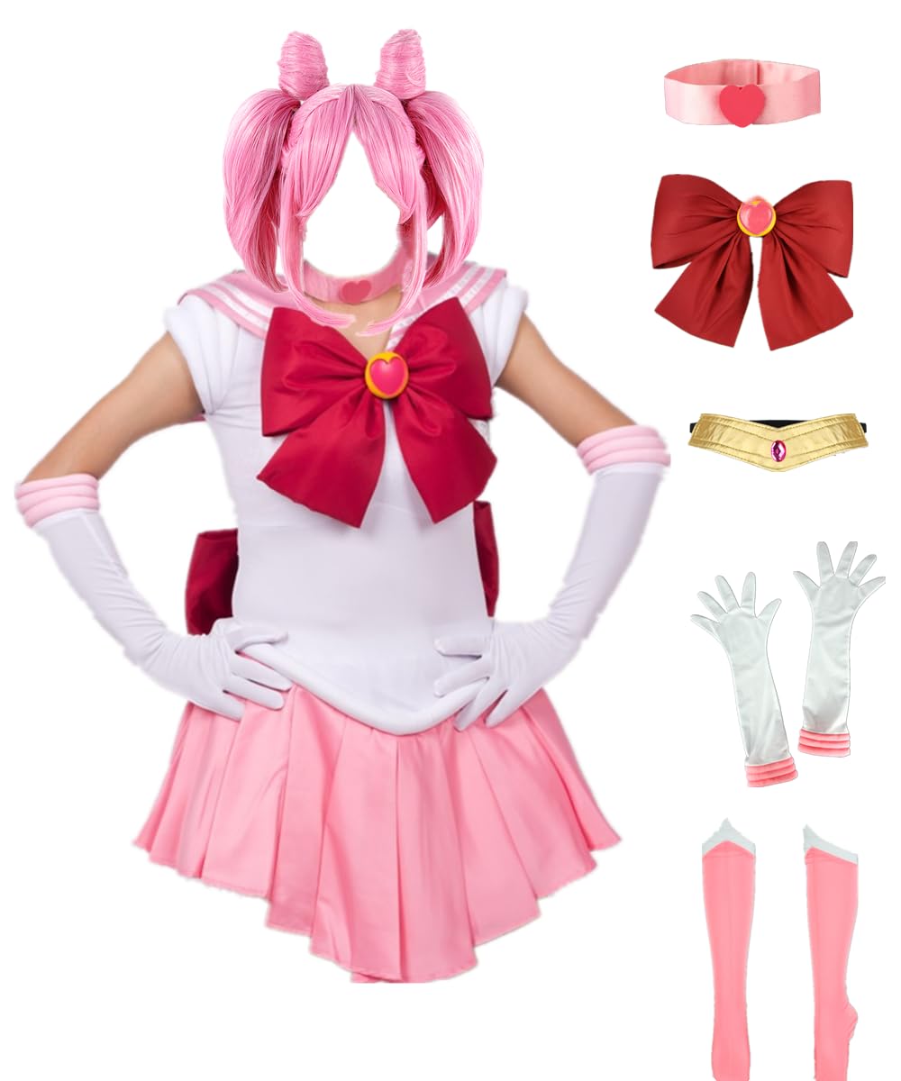 Anime Chibimoon Cosplay Pink Wig & Dress Set - Women's Pink Halloween Costume for Anime Conventions, Cosplay Events & Themed Parties