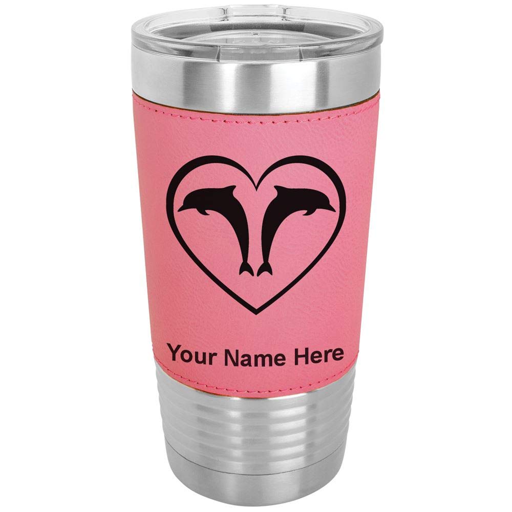 LaserGram 20oz Vacuum Insulated Stainless Steel Tumbler Mug with Leak-Proof Lid - Custom Engraved Dolphin Heart Design, Faux Leather Wrap & Pink Color - Perfect for Coffee, Tea & Cold Drinks at Home, Office or Travel