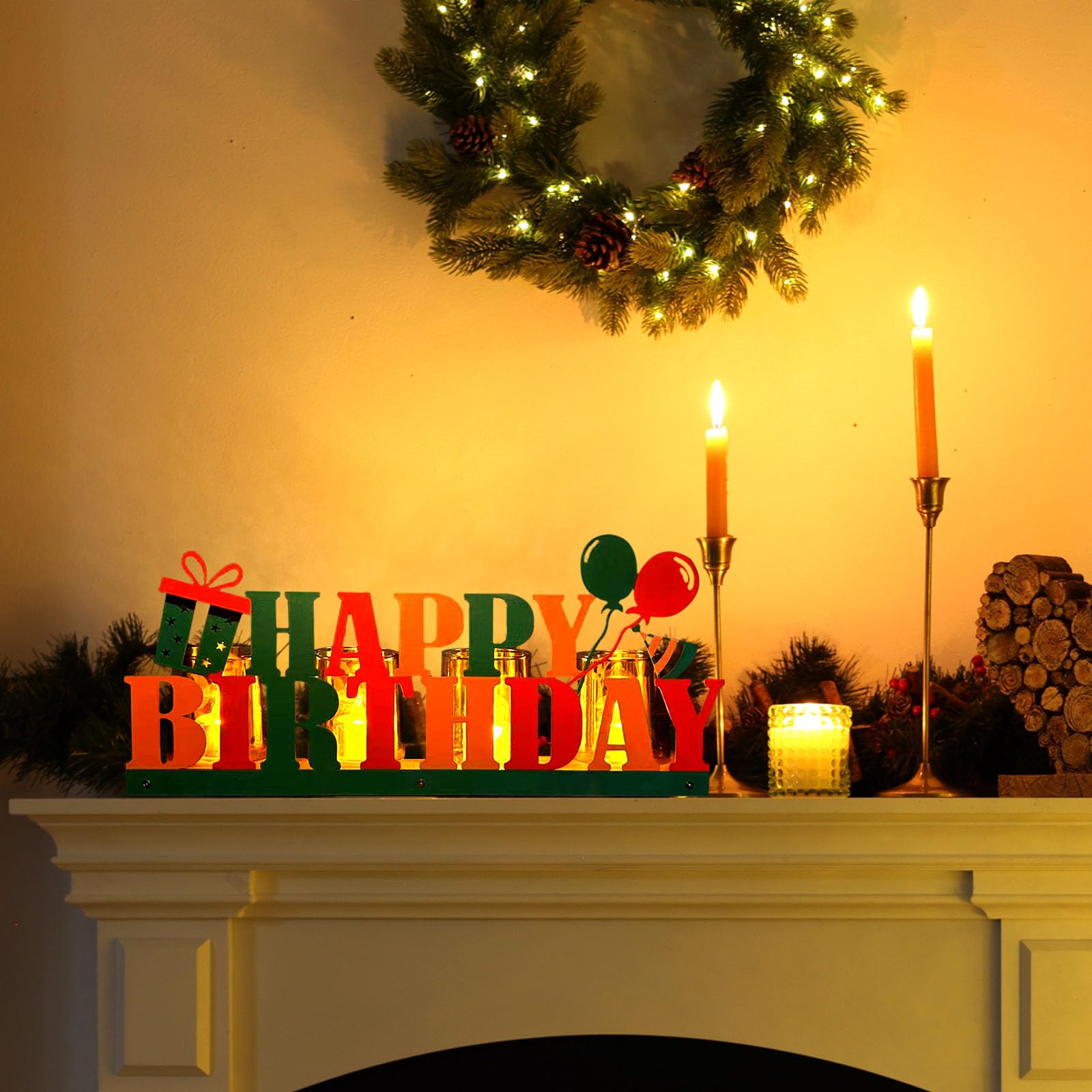 Happy Birthday Candle Holder Set - Tealight Votive Candle Holders with Metal Sign & Wooden Base Tray - Elegant Table Decor for Birthday Parties, Home Decor, Indoor Shelves - Perfect for Celebrations, Dinner Parties & Gift Giving