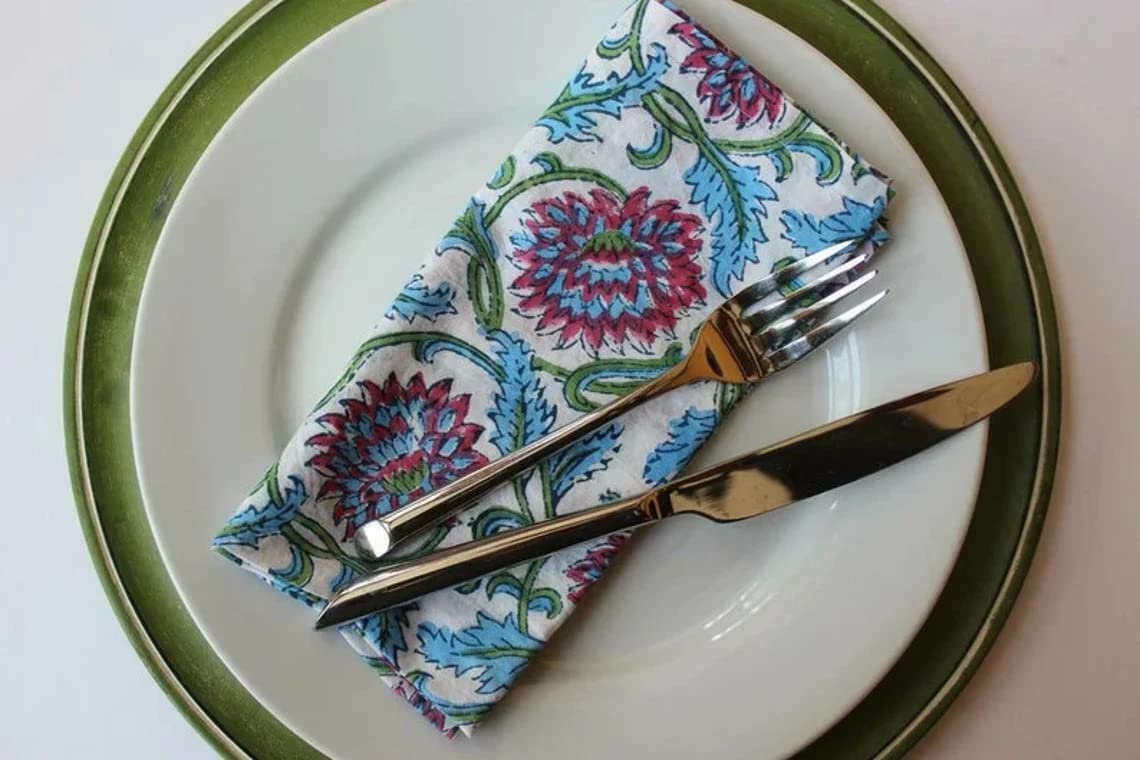 REYNOSO HOME DECOR Cotton Cloth Napkins Set of 10 - 16x16 Inch Hand Block Printed Kitchen & Dining Table Linens - Perfect for Dinner Parties, Holiday Gatherings & Everyday Use