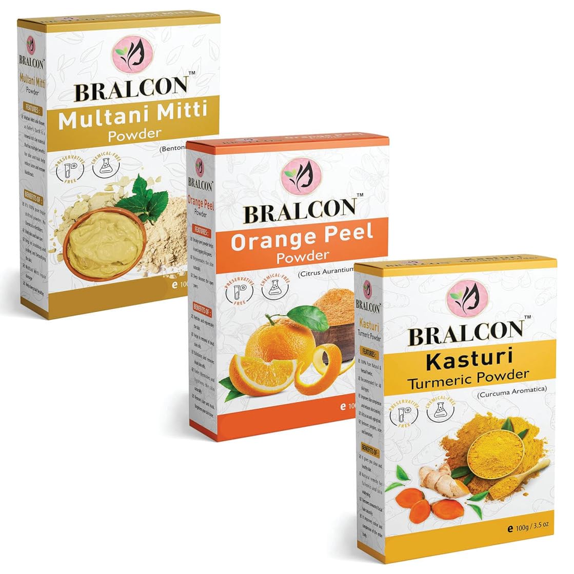 BRALCON Organic Multani Mitti, Orange Peel & Kasturi Haldi Powder - 300g (3 x 100g Pack) | Natural Face Mask for Glowing Skin, Acne Treatment & Beauty Care | Perfect for DIY Spa, Skin Brightening & Daily Skincare Routine