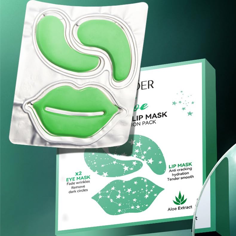 Aloe Vera Collagen Soothing Eye Mask & Moisturizing Lip Mask Set - 10 Pairs (9g Each) for Dark Circles, Wrinkles & Dry Lips - Perfect for Spa Night, Travel & Self-Care Routine