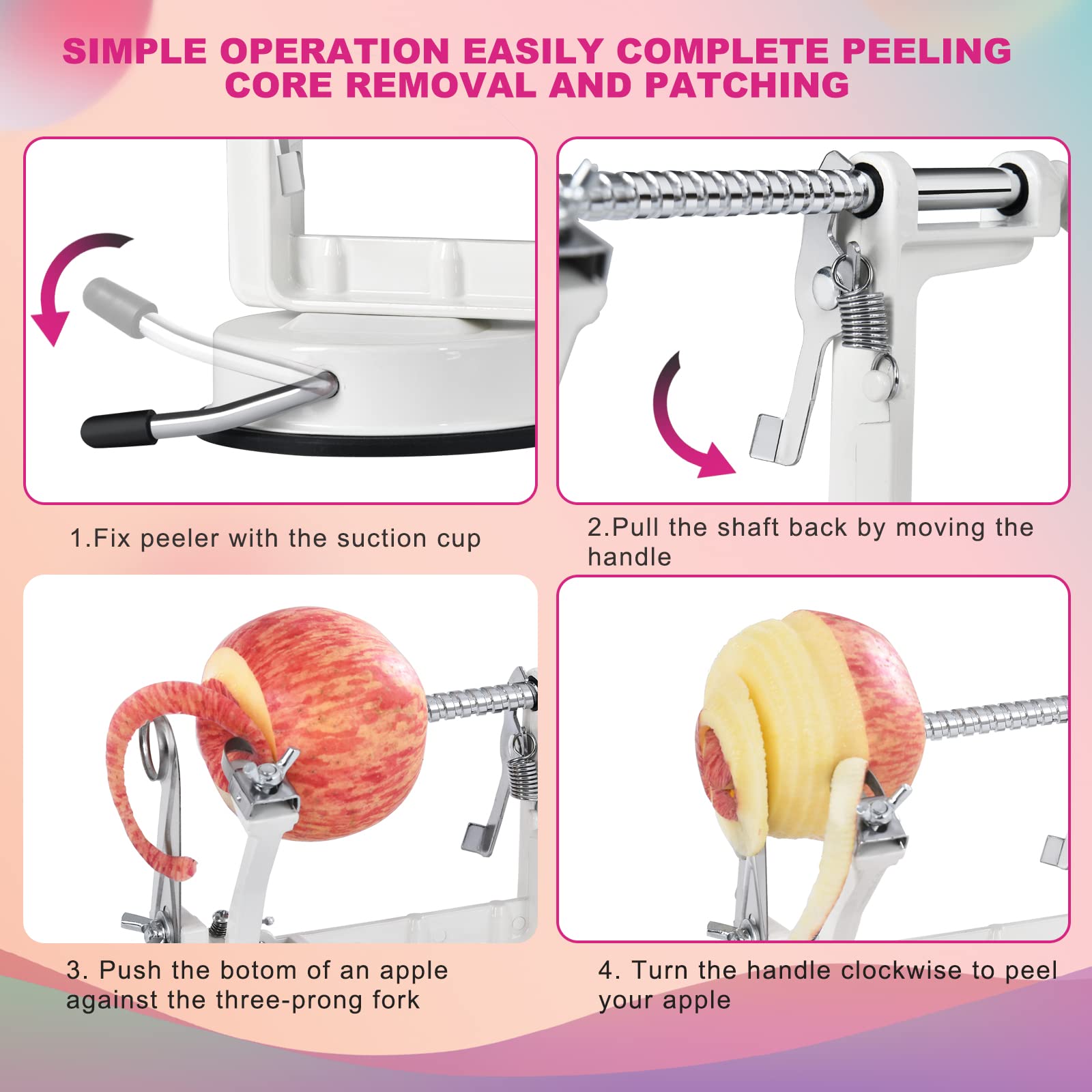 Premium 3-in-1 Apple Peeler, Slicer & Corer - Heavy Duty Stainless Steel Potato Peeler with Suction Cup Base & 3 Extra Blades (White) - Perfect for Baking, Canning and Meal Prep in Your Kitchen