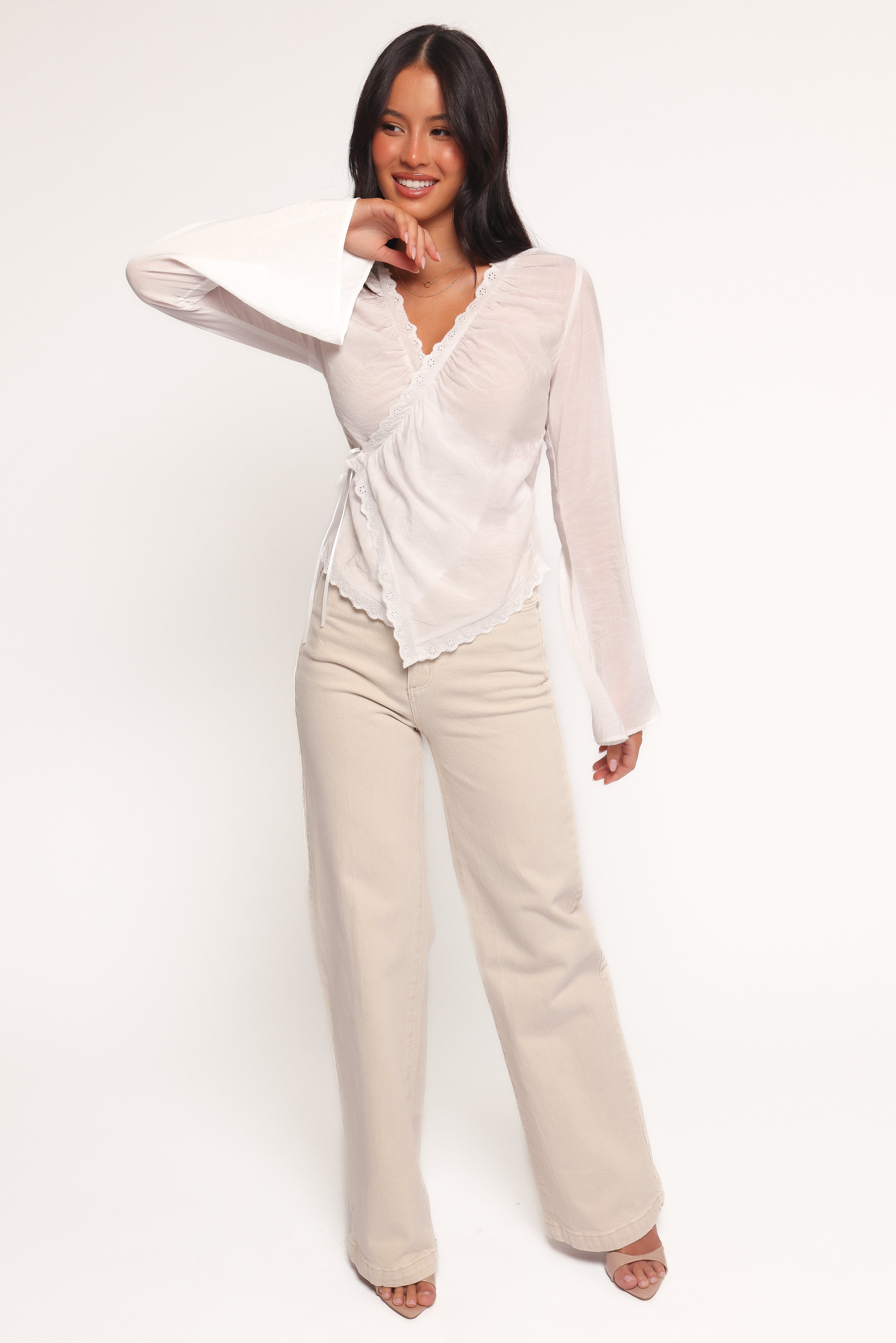Adira Wrap Blouse Women's Elegant V-Neck Long Sleeve Shirt - White for Office, Date Night & Special Occasions
