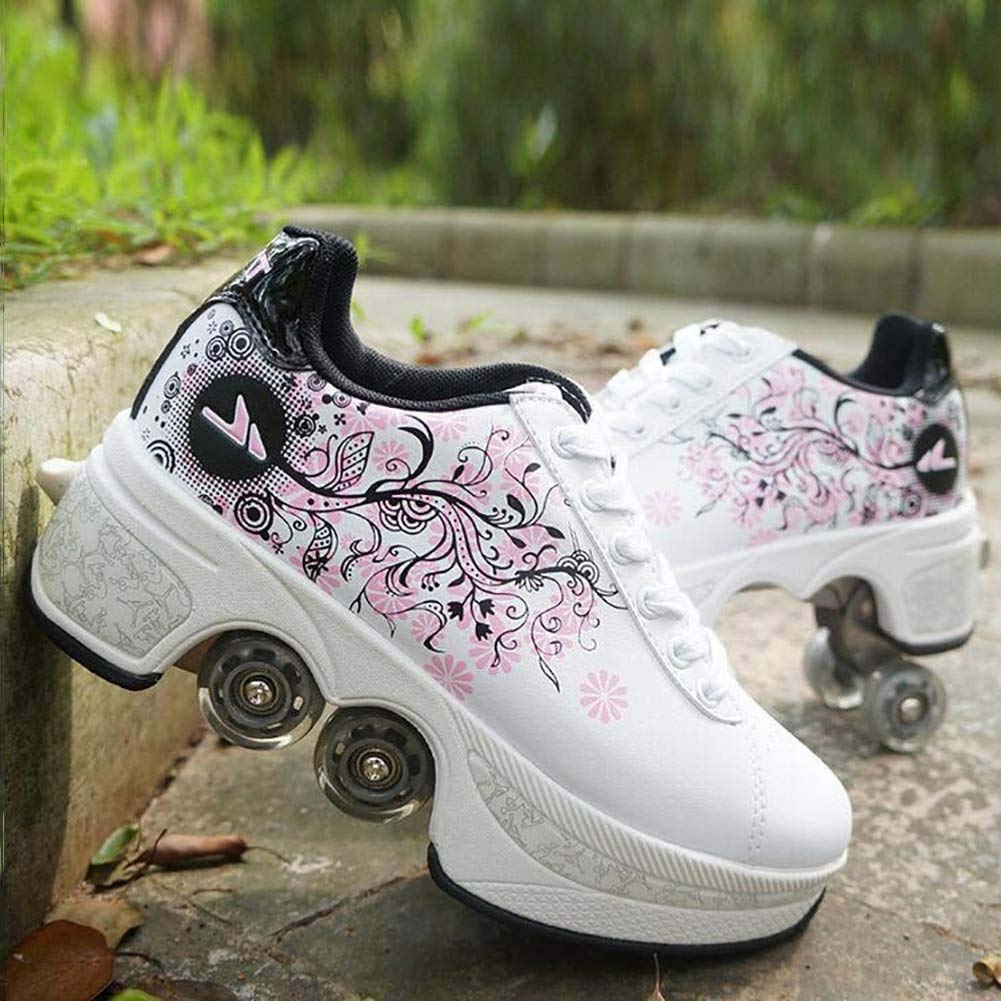 Women's Roller Skates with Retractable Wheels - Girls & Boys Inline Skates for Parkour, Outdoor Fun & Fitness - Quad Roller Shoes for Adults & Kids
