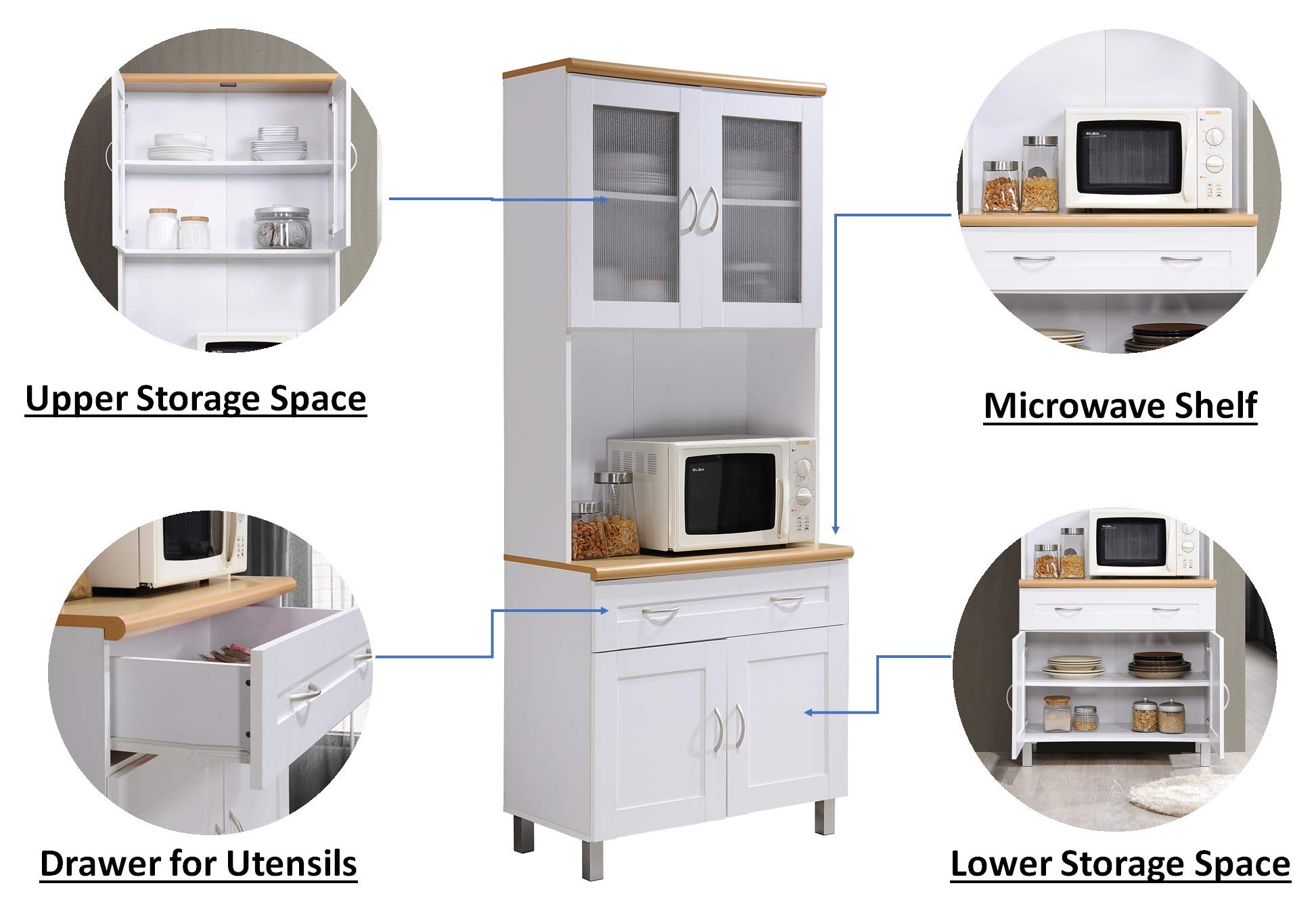 HODEDAH IMPORT White Tall Standing Kitchen Cabinet with Enclosed Top & Bottom Storage, 1 Drawer & Large Open Space for Microwave - Perfect for Small Kitchens, Apartments & Microwave Organization