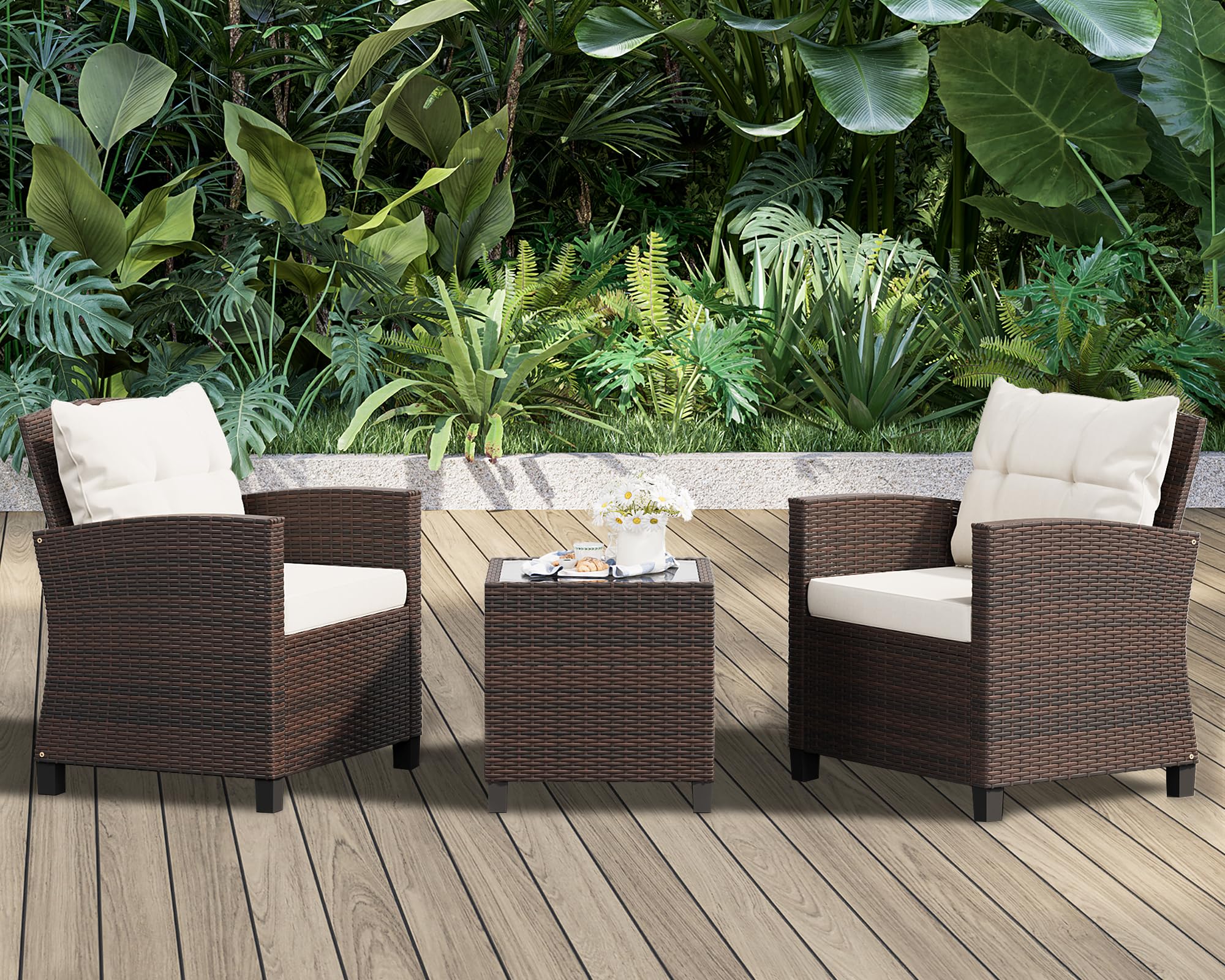 Shintenchi 3-Piece Patio Furniture Set - PE Rattan Wicker Chairs with Table, Outdoor Dining Set for Backyard, Garden, Poolside - Brown Rattan with White Cushions | Perfect for Outdoor Entertaining, Relaxation & Al Fresco Dining
