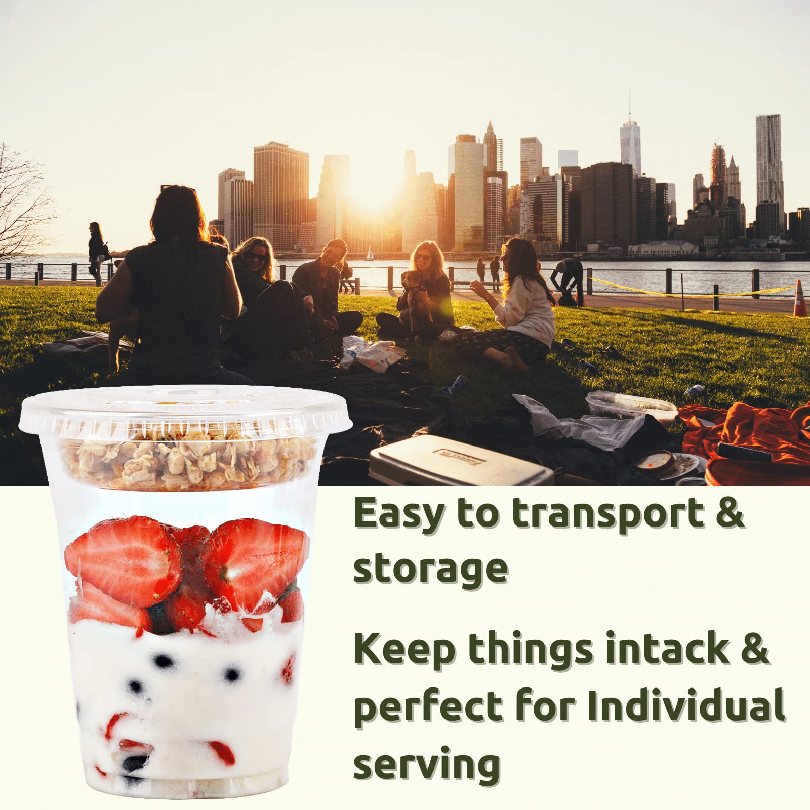 150-Pack 12 oz Clear Plastic Parfait Cups with 3.25 oz Insert & Flat Lids - Leakproof Yogurt, Fruit, Dips Containers for Kids Breakfast, Snacks, Parties, Catering & Takeout - BPA-Free Reusable Dessert Cups