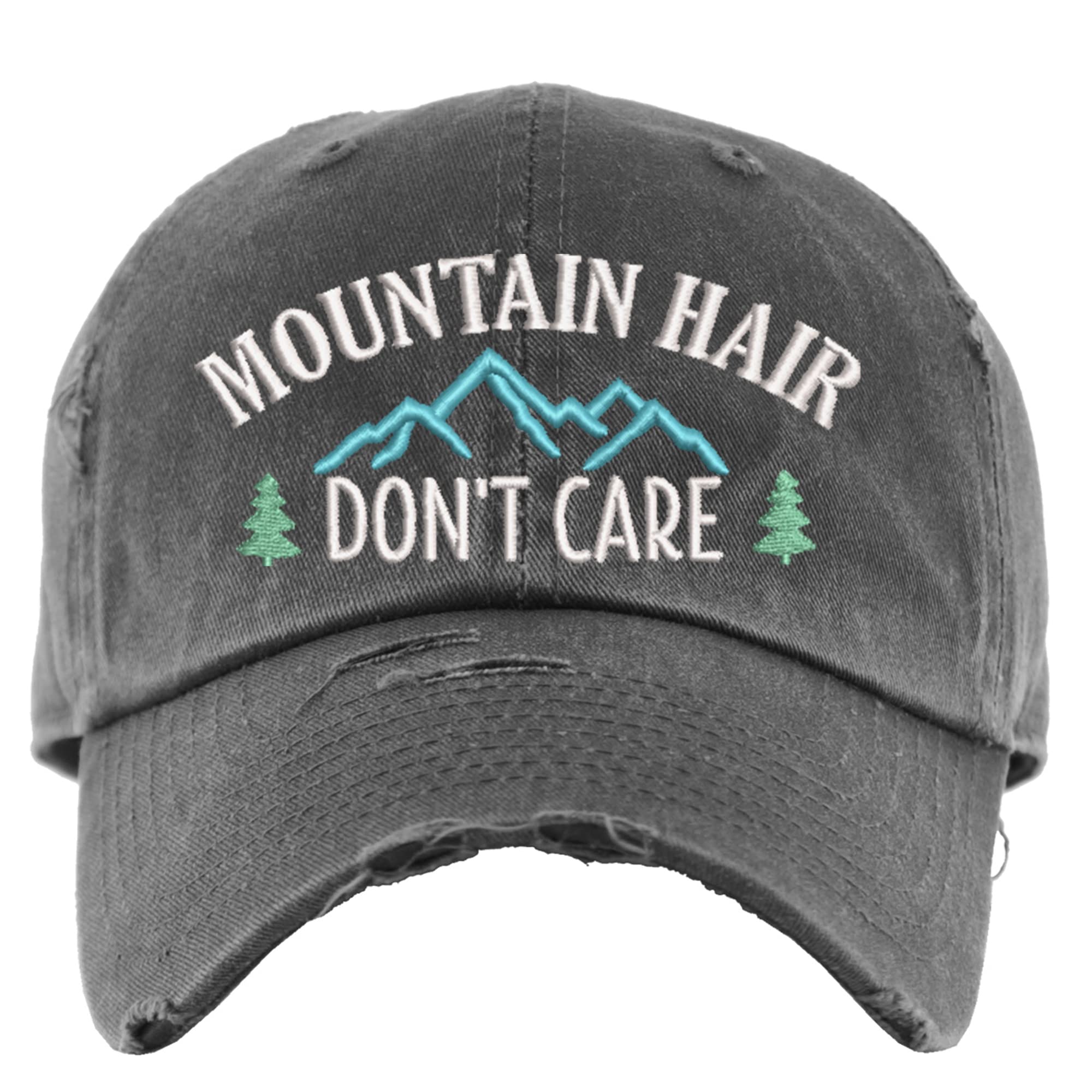 Distressed Baseball Cap for Hiking & Outdoor Activities - Mountain Hair Don't Care Hat with Ponytail Hole - Perfect for Hiking, Camping & Adventure Travel
