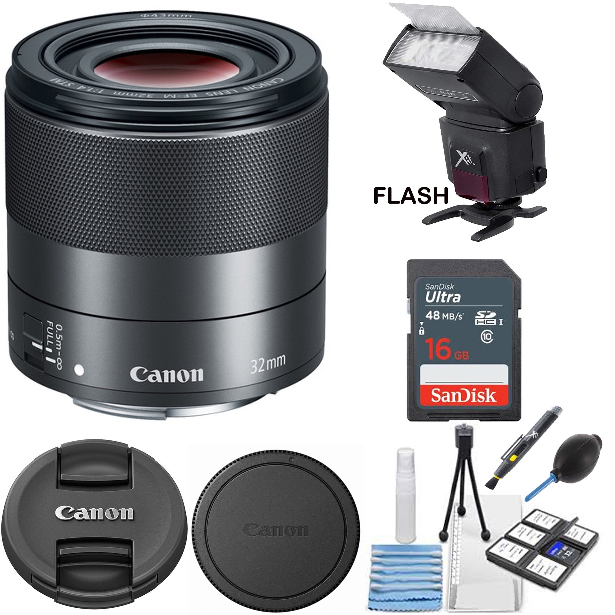 Canon EF-M 32mm f/1.4 STM Lens with 16GB SD Card, Flash & Cleaning Kit - Perfect for Portrait Photography, Travel & Vlogging
