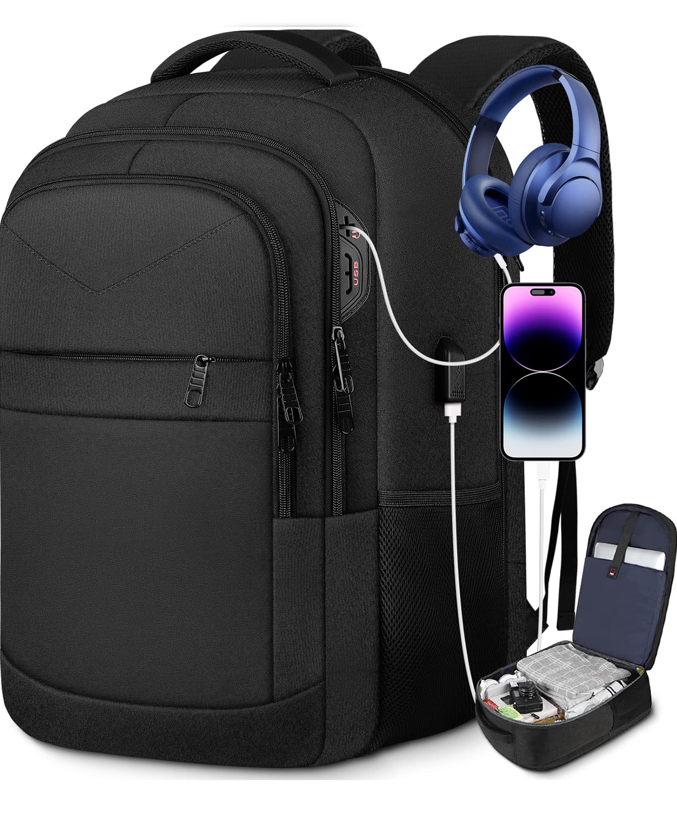 Lapsouno 40L Large Travel Backpack for Men & Women - TSA Approved 17 Inch Laptop Backpack with USB Charging Port, Anti-Theft Business Carry On Backpack - Perfect for Air Travel, Commuting & Work (Black)
