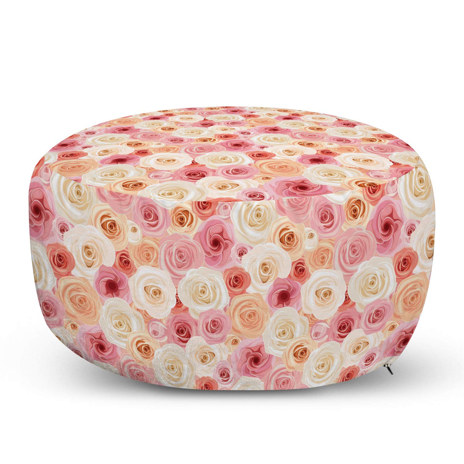 Ambesonne Rose Pouf Cover with Zipper - Romantic Pastel Rose Petals & Buds Pattern, Soft Decorative Fabric Unstuffed Case 30x17.3 Inch - Perfect for Living Room, Bedroom & Nursery Decor