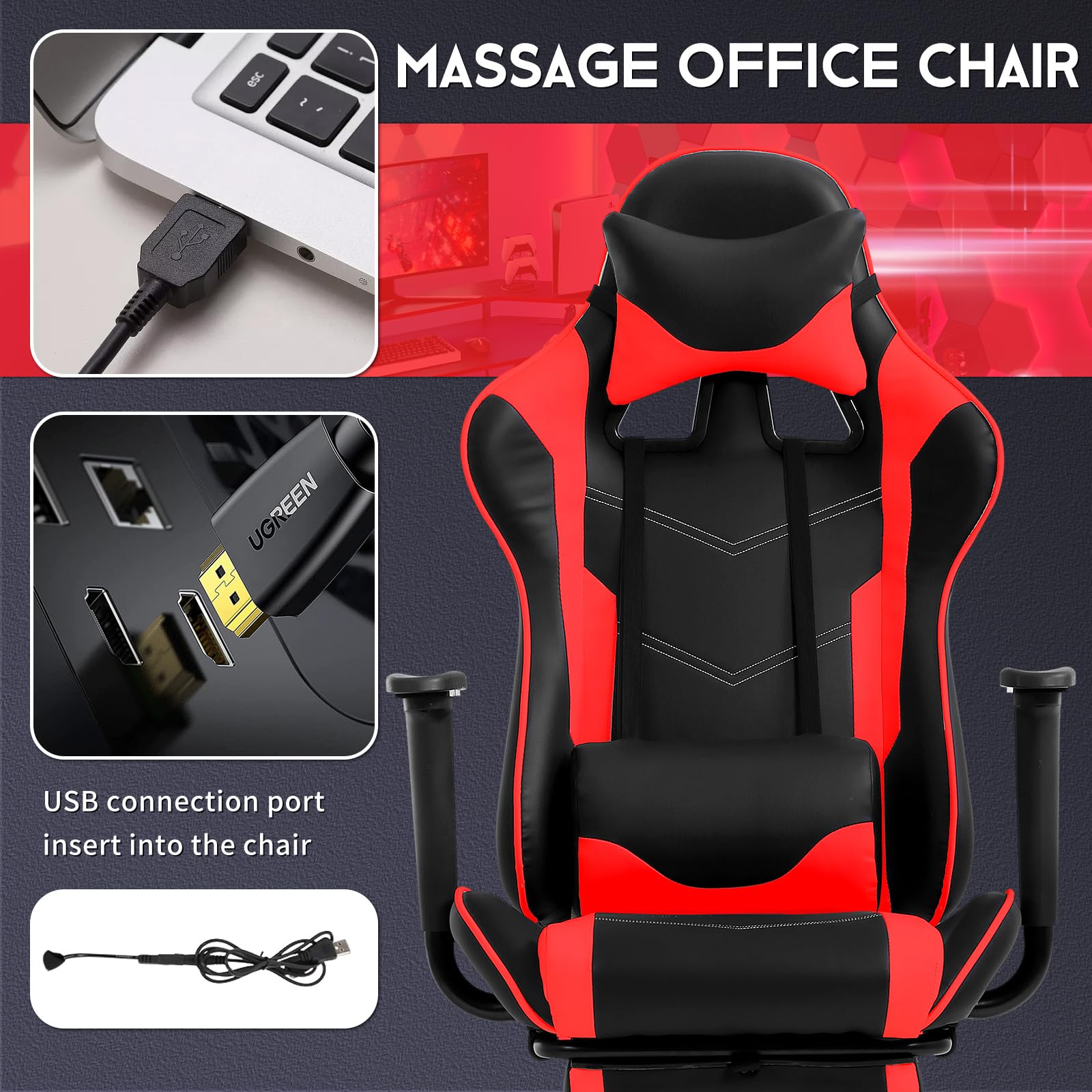 BLKMTY Ergonomic Massage Gaming Chair - High Back PU Leather Office Chair with Footrest, Lumbar Support & Headrest - Reclining Racing Computer Chair for Gamers & Professionals - Perfect for Home Office, Gaming Setup & Workstation - Red