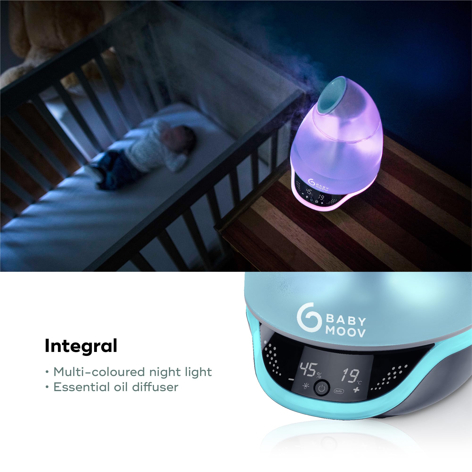 Babymoov Hygro Plus 3-in-1 Humidifier with Night Light & Essential Oil Diffuser - Auto Shutoff for Nursery, Bedroom & Office | Quiet Ultrasonic Cool Mist for Babies & Adults