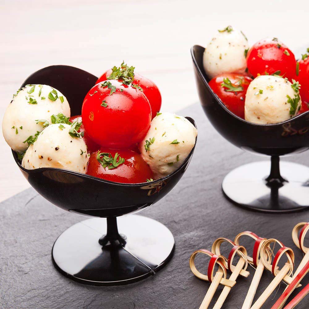 Restaurantware 1.5 oz Mini Dessert Cups - 100 Disposable Parfait Cups with Stem | Black Plastic Dessert Bowls for Appetizers, Snacks & Party Serving | Perfect for Catering, Weddings & Events