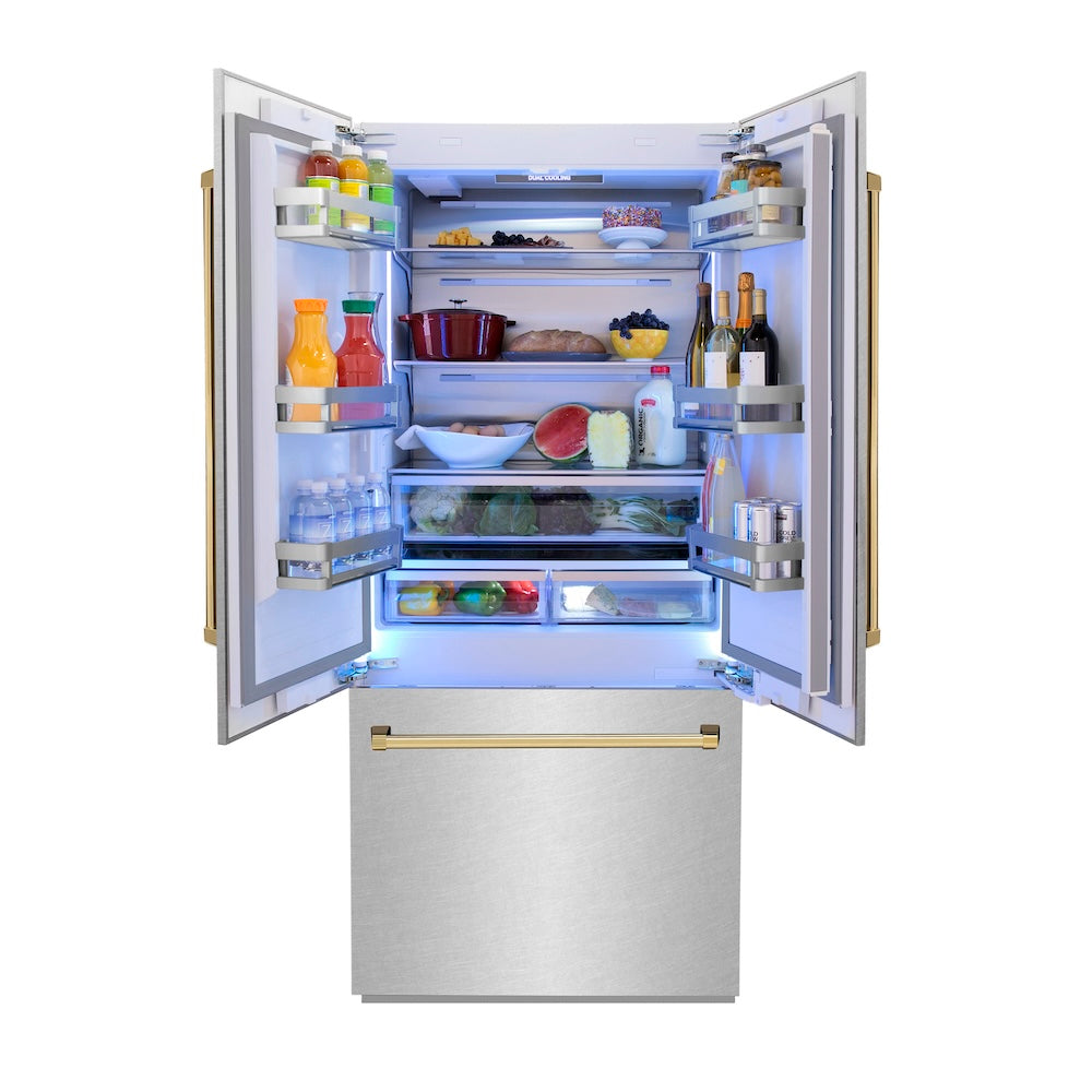 ZLINE Autograph Edition 36 Inch French Door Built-In Refrigerator with Bottom Freezer - 19.6 cu.ft Capacity, Water Dispenser & Ice Maker - Satin Stainless Steel with Polished Gold Accents (RBIVZ SN 36 G) - Perfect for Modern Kitchens & Luxury Homes