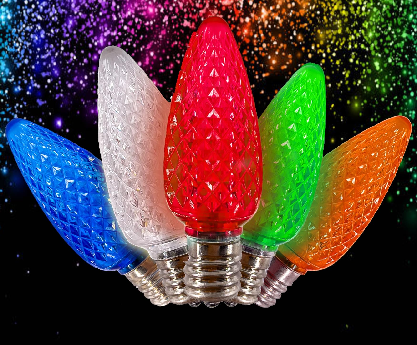 C9 LED Christmas Lights - Pack of 25 Multicolor Twinkling Faceted Bulbs, E17 Base Retrofit Candle Shape for Indoor/Outdoor Holiday Decorations - Perfect for Roof, Tree, and Home Christmas Lighting