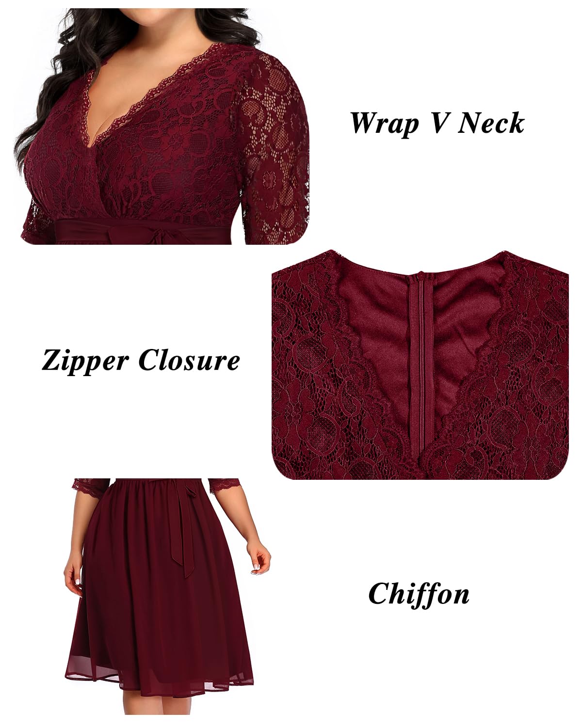 **Plus Size Lace Chiffon Wrap V-Neck Dress for Women - Elegant Cocktail & Wedding Guest Midi Dress - Perfect for Parties, Date Nights & Special Occasions**