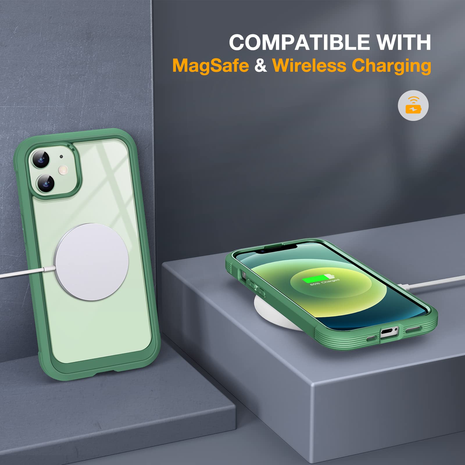 Miracase iPhone 12/12 Pro 6.1 inch Clear Protective Case (2020 Model) - Shatterproof 9H Tempered Glass Screen Protector Included - Midnight Green - Perfect for Everyday Use, Work & Travel Protection