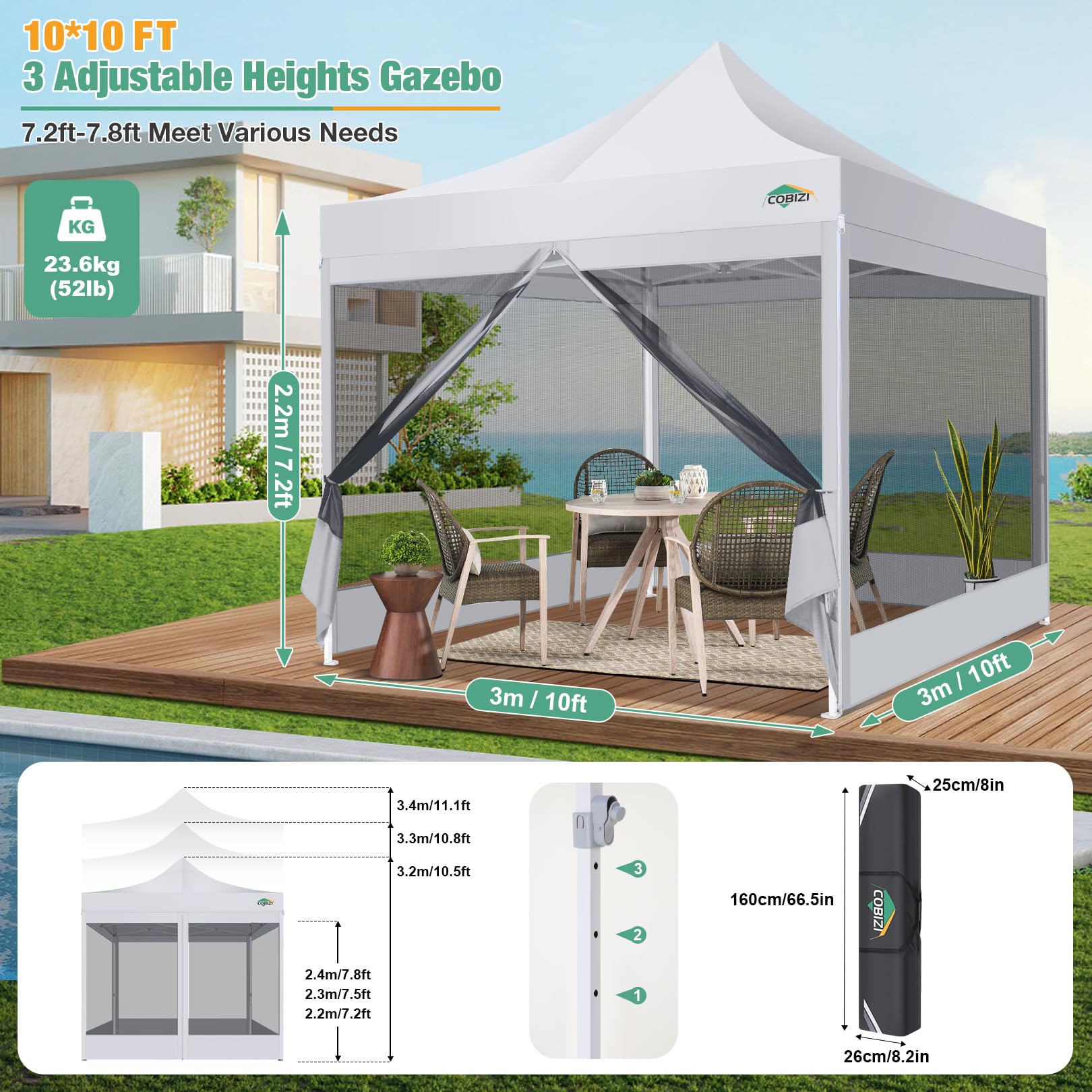 COBIZI 10x10 Heavy Duty Pop Up Canopy Tent with Waterproof Sidewalls & Mosquito Netting - Easy Setup Instant Shelter for Outdoor Parties, Weddings, Backyard Events - Includes Carry Bag (White)
