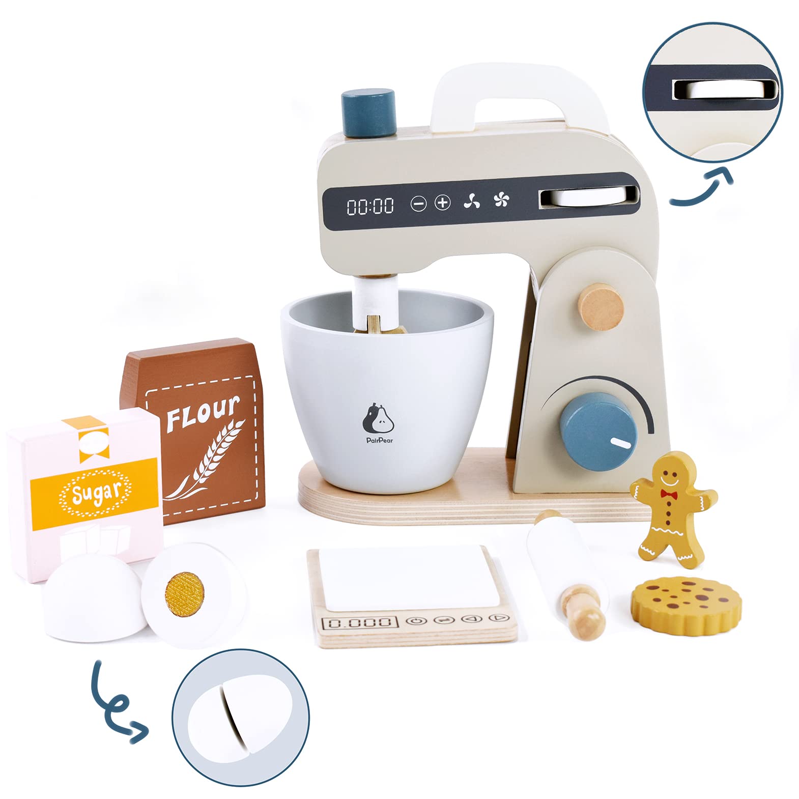 PairPear Wooden Play Food Stand Mixer - Pretend Bake Cookies Playset, Multi-Function Toy Kitchen Accessories for Kids Ages 3+ - Perfect for Role Play & Early Learning Activities