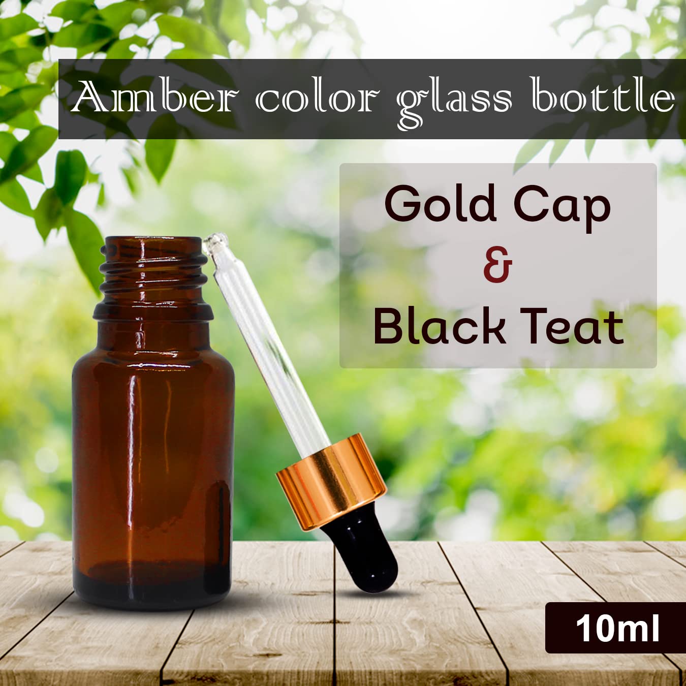 NSB Herbals 10ml Amber Round Empty Glass Bottle with Glass Dropper, Gold Ring & Black Silicone Teat - Leak Proof, Refillable for Essential Oils, DIY Perfumes, Aromatherapy (Pack of 3) - Perfect for Travel, Home Use & Gift Sets