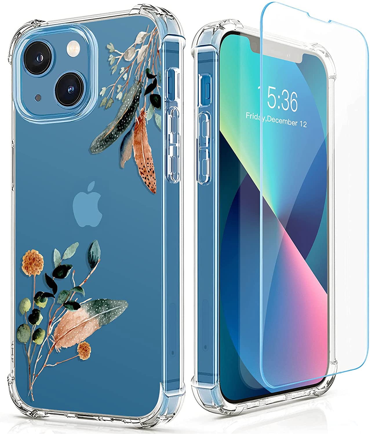 RoseParrot [5-in-1] iPhone 13 Case with Screen Protector, Ring Holder & Waterproof Pouch - Clear Floral Pattern Shockproof Cover (Feather Leaves Design) | Perfect for Outdoor Activities, Travel & Daily Protection
