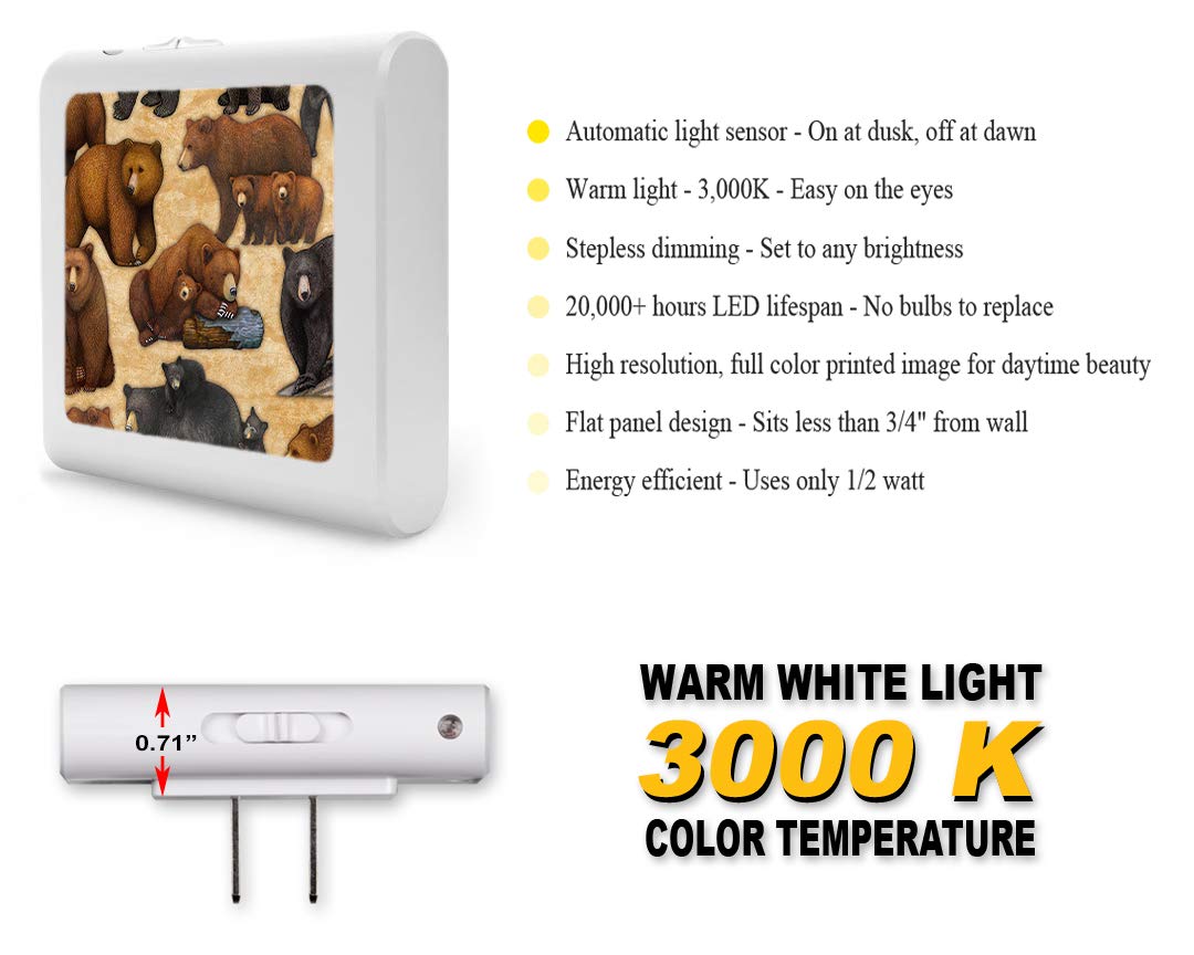 Dimmable LED Night Light with Auto On/Off Sensor - Adjustable Brightness Warm Light for Bathroom, Hallway, Nursery & Bedrooms - Bear Design by Dan Morris - Perfect for Nighttime Safety & Comfort