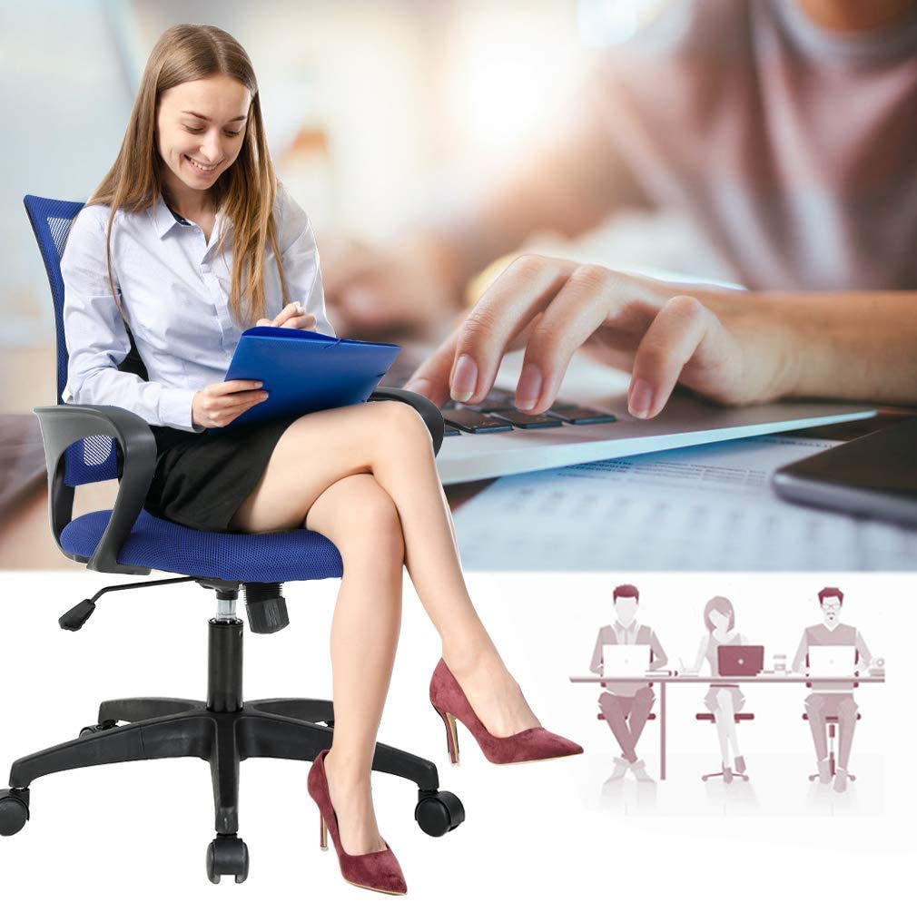 Ergonomic Office Chair with Lumbar Support - Mesh Computer Desk Chair, Mid Back Swivel Task Chair with Adjustable Armrests for Home & Office Use - Comfortable Blue Work Chair for Long Hours Sitting