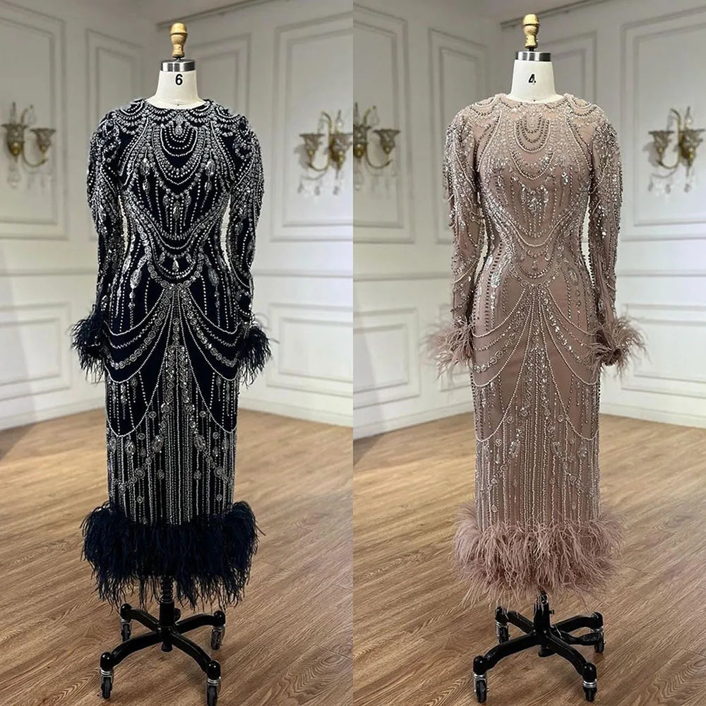 Serene Hill Bling Caramel Mermaid Arabic Evening Dress with Feather & Pearls - Women's Prom Formal Gowns for Wedding, Party & Special Occasions | Elegant LA72482 Dress for Night Out & Red Carpet Events