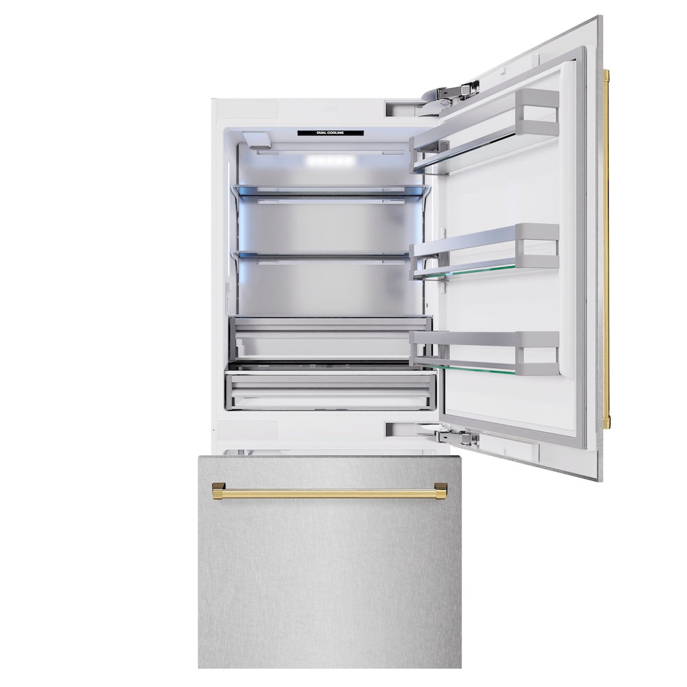 ZLINE Autograph Edition 36 Inch Built-In Bottom Freezer Refrigerator - 19.8 cu.ft Capacity, Water Dispenser & Ice Maker - Satin Stainless Steel with Polished Gold Accents (RBITZ SN 36 G) - Perfect for Modern Kitchens, Open Concept Homes & Luxury Appliances Collection