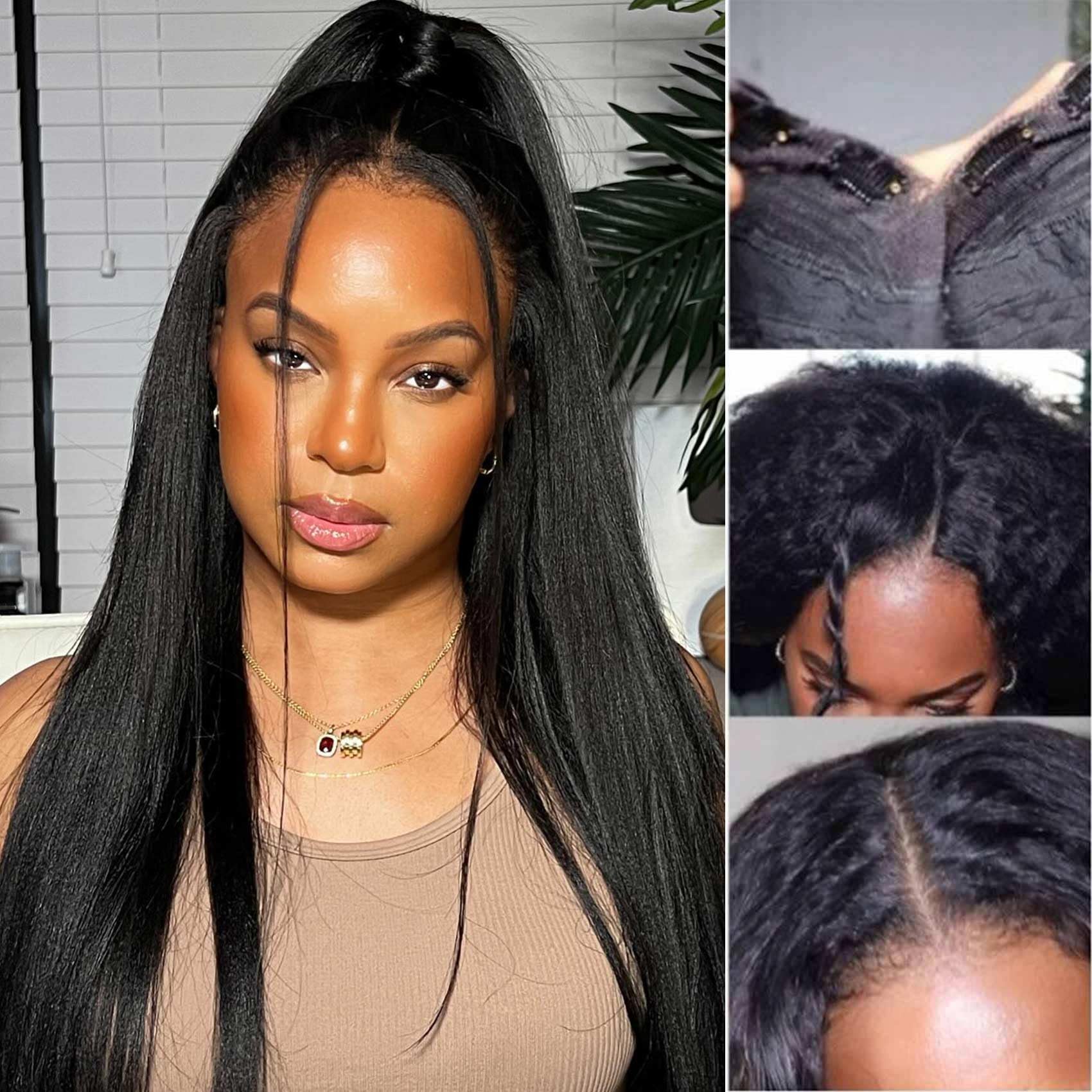 V Part Wig Kinky Straight 100% Human Hair No Leave Out No Sew In No Glue - 180% Density Yaki Wigs for Women (22 Inch) | Perfect for Daily Wear, Parties & Protective Styling