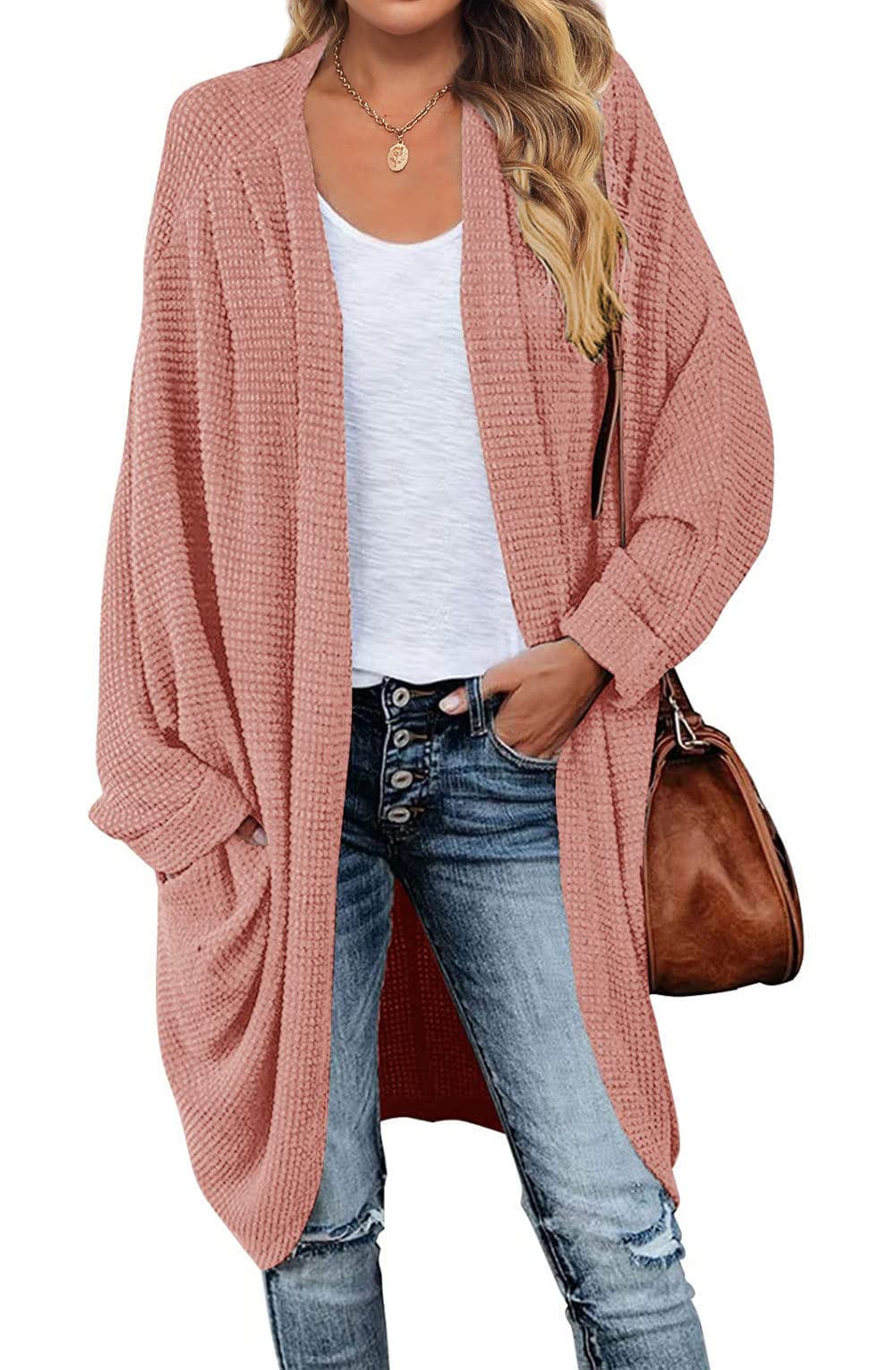 MEROKEETY Women's Waffle Knit Batwing Long Sleeve Cardigan - Loose Open Front Sweater Coat for Fall & Winter | Casual Outfit, Layering, Office Wear, Coffee Dates