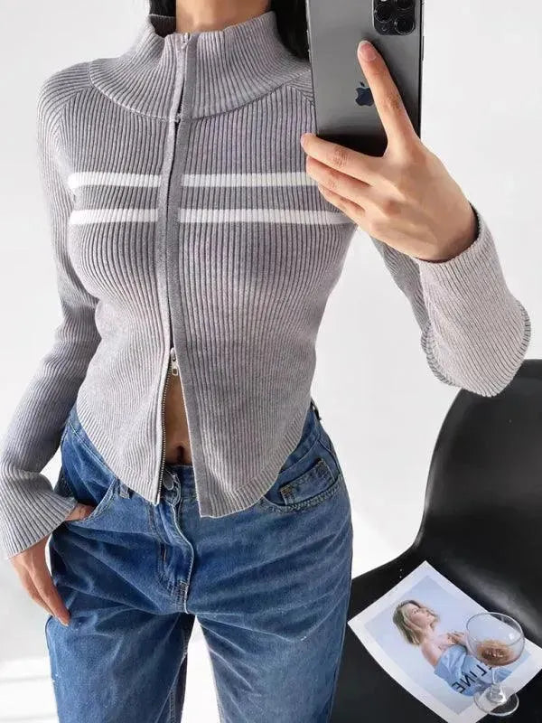 Stylish Striped Zipper Cardigan Sweater for Women - Cozy Fall & Winter Fashion - Perfect for Office, Casual Outings & Layering