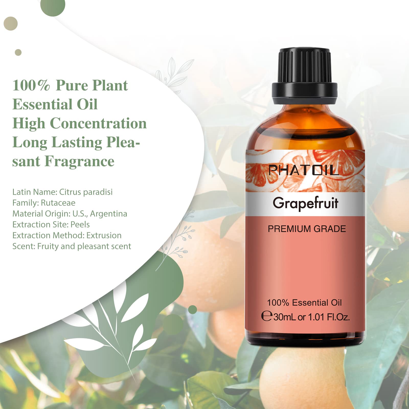 PHATOIL 100% Pure Grapefruit Essential Oil 30ml - Natural Aromatherapy Oil for Diffusers, Humidifiers, Massage & DIY Candles - Uplifting Citrus Scent for Stress Relief & Home Fragrance